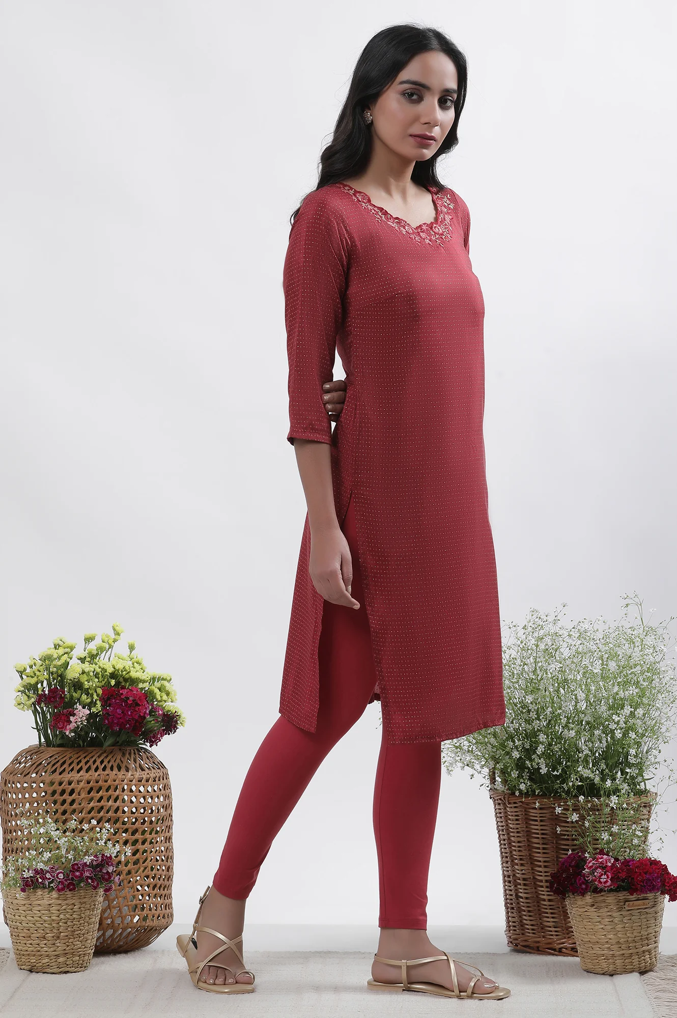 Maroon Embroidered Kurta Tights And Dupatta Set - Image 5