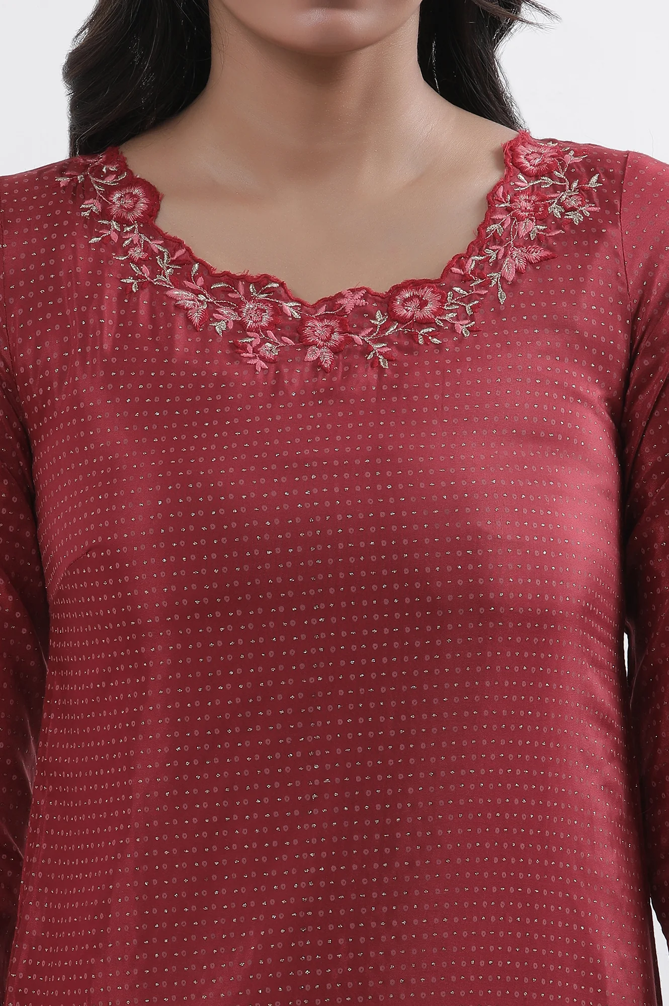 Maroon Embroidered Kurta Tights And Dupatta Set - Image 6
