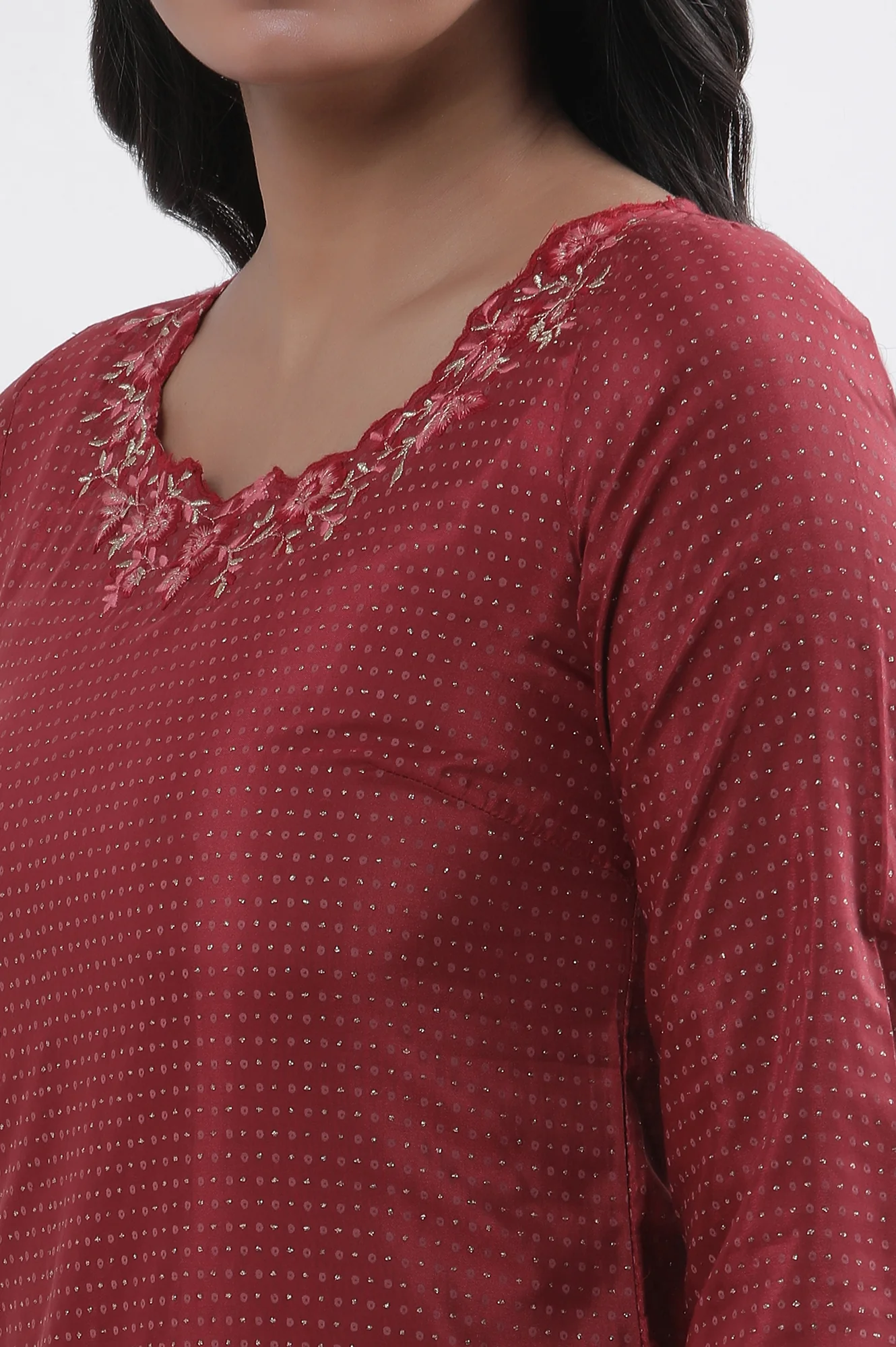 Maroon Embroidered Kurta Tights And Dupatta Set - Image 7