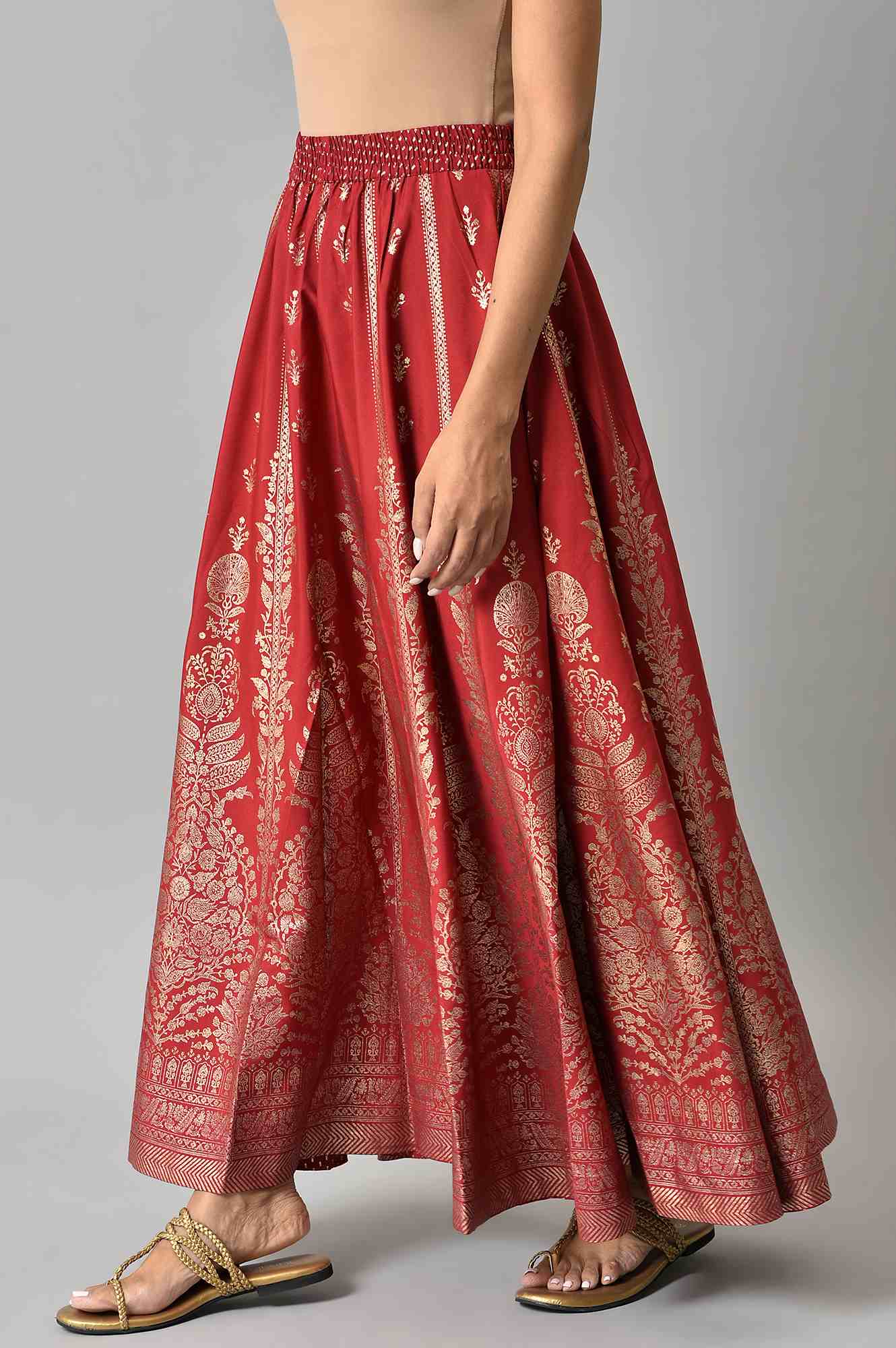 Elleven Women's Maroon Floral Printed Flared Woven Skirt With Elasticated Waist - Image 3