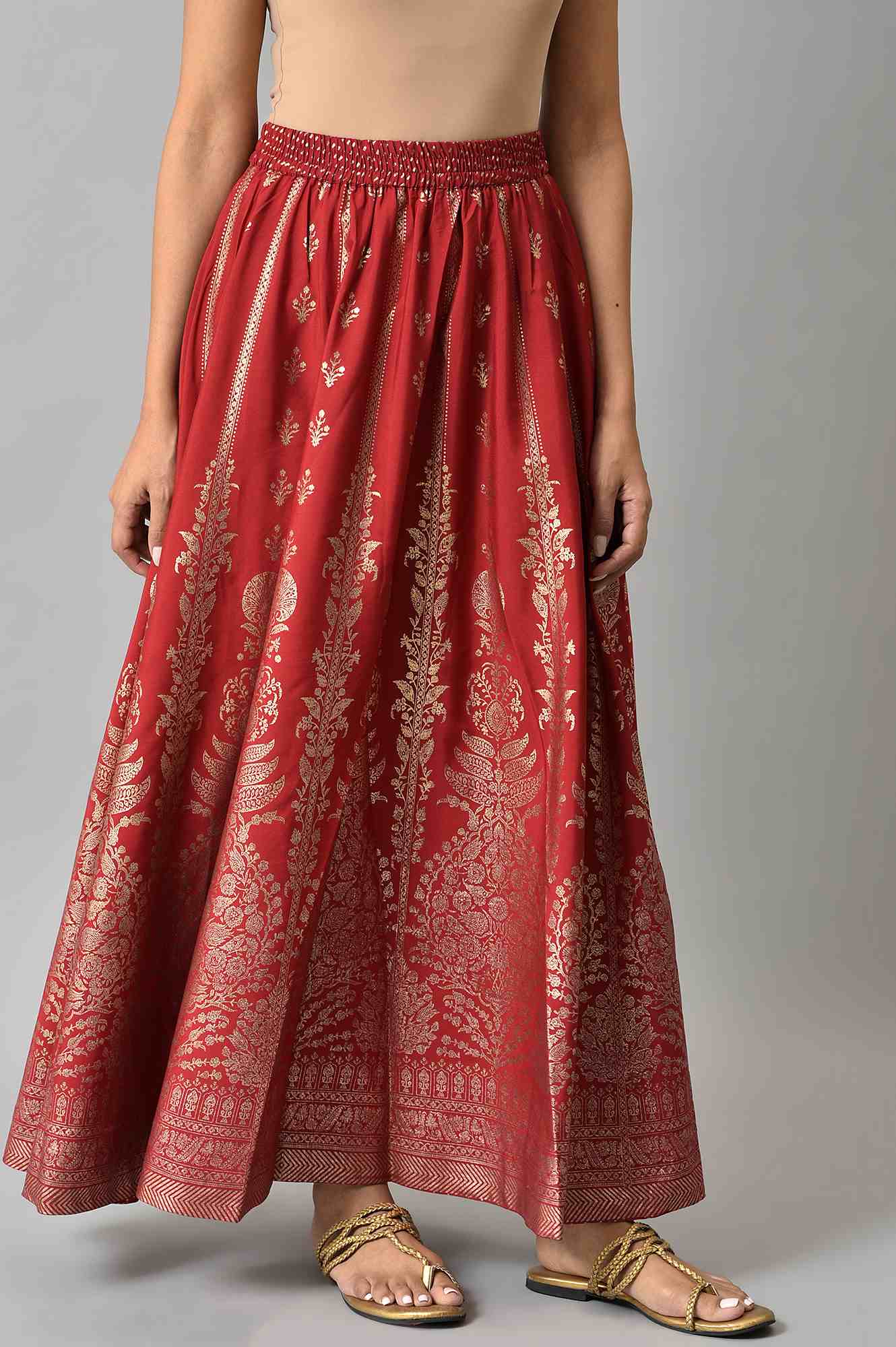 Elleven Women's Maroon Floral Printed Flared Woven Skirt With Elasticated Waist - Image 4
