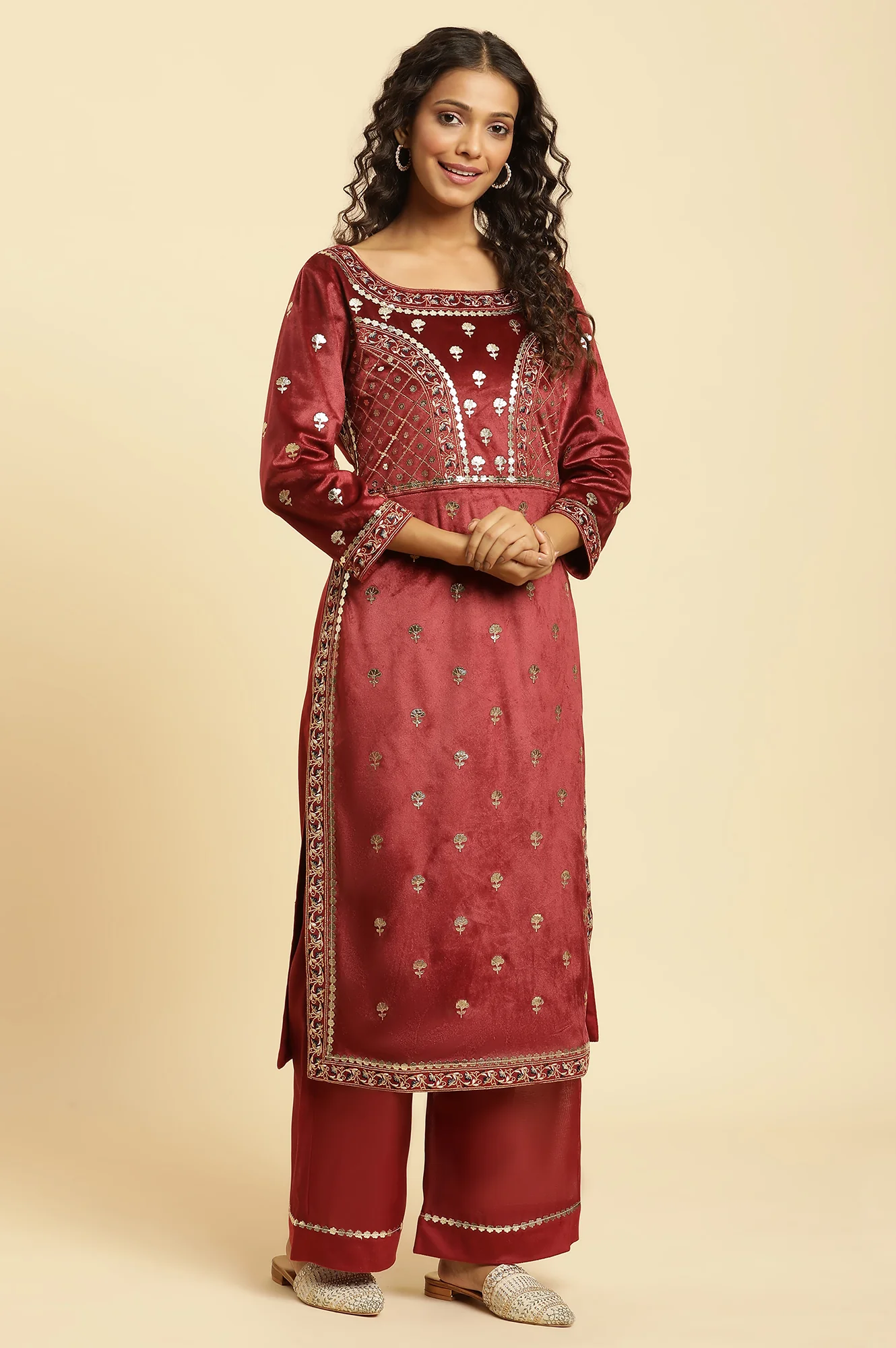 Maroon Mircro Velvet Embellished Kurta, Pants And Dupatta Set - Image 5