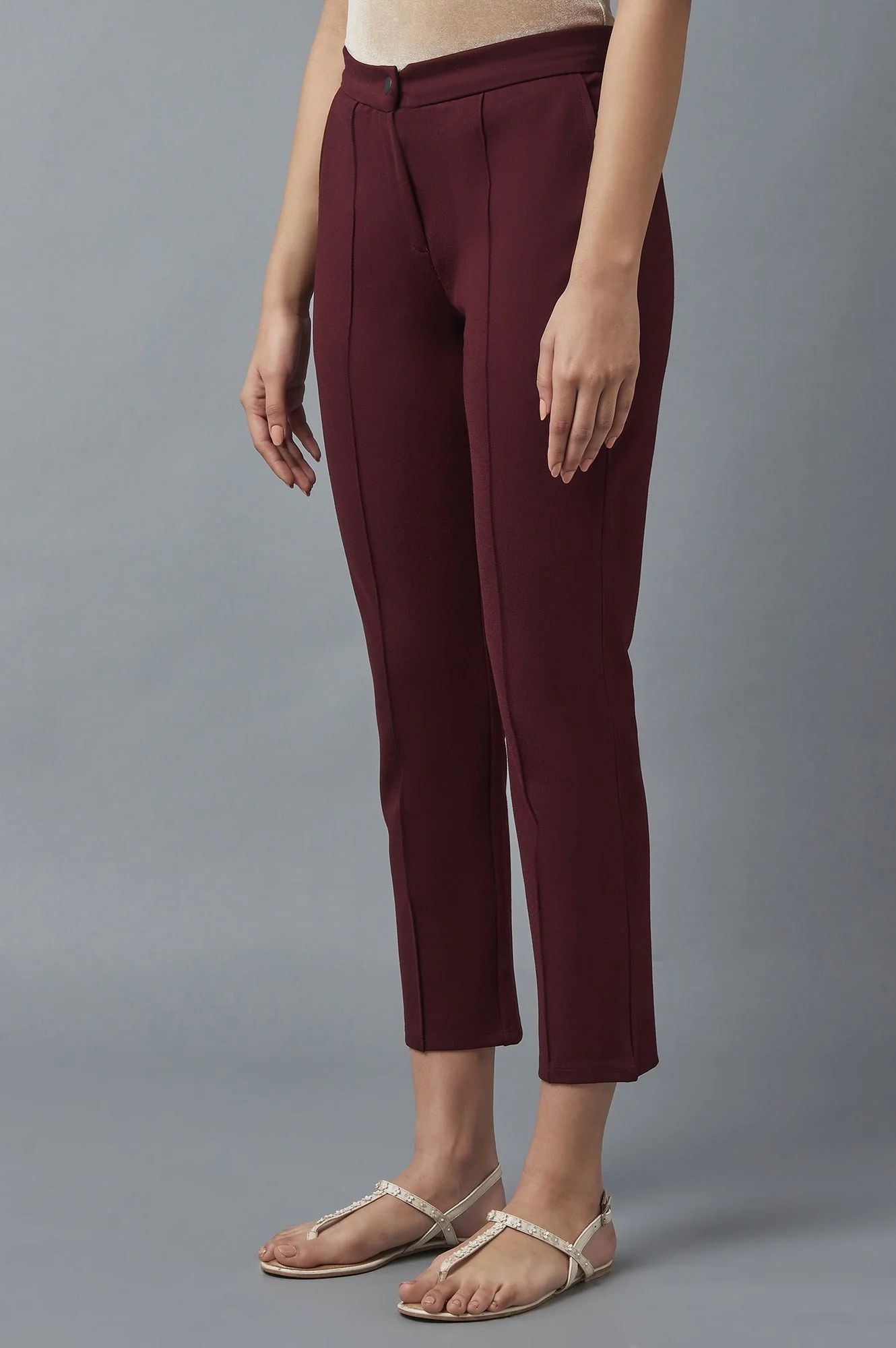 Elleven Women's Maroon Solid Straight Fit Trousers With Pintuck Detail - Image 3