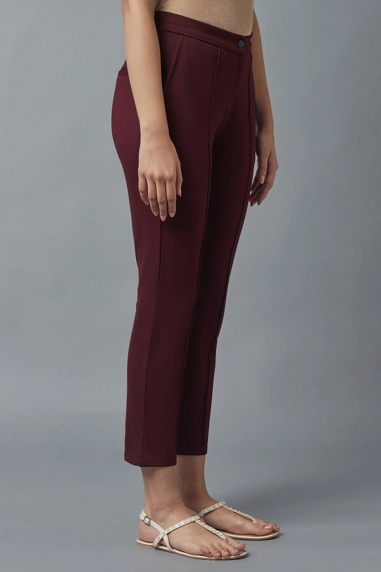 Elleven Women's Maroon Solid Straight Fit Trousers With Pintuck Detail - Image 4