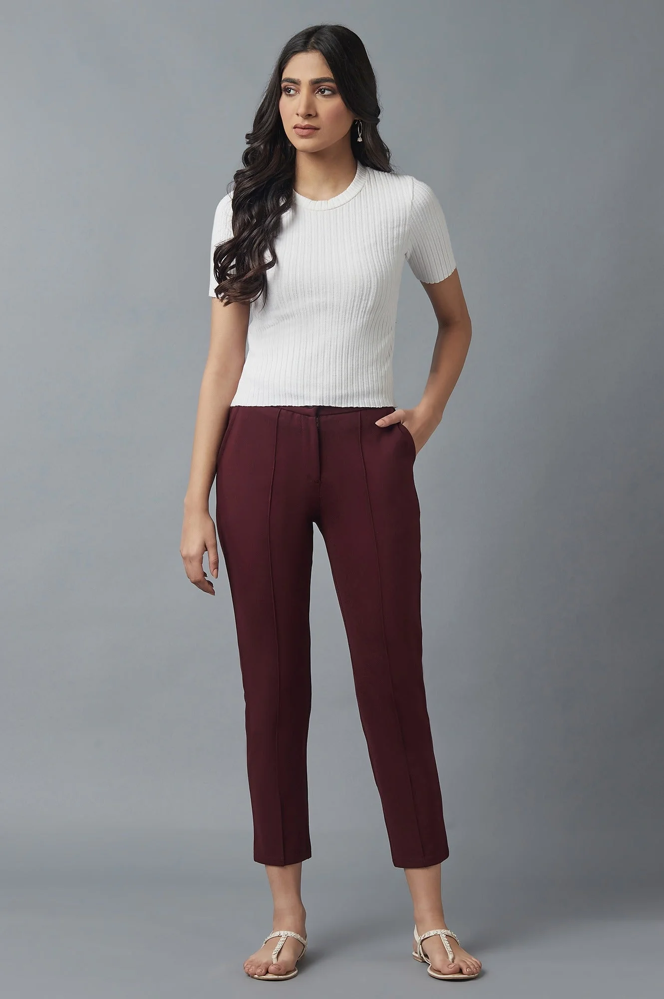 Elleven Women's Maroon Solid Straight Fit Trousers With Pintuck Detail - Image 5