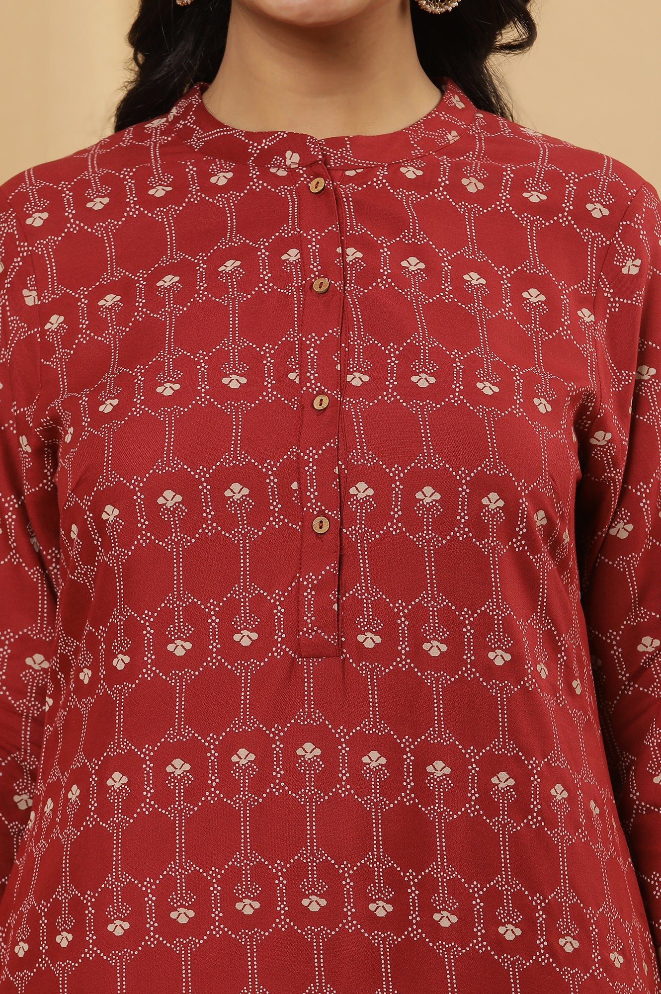 Maroon Printed Mandarin Collar Kurta And Pants Set - Image 6