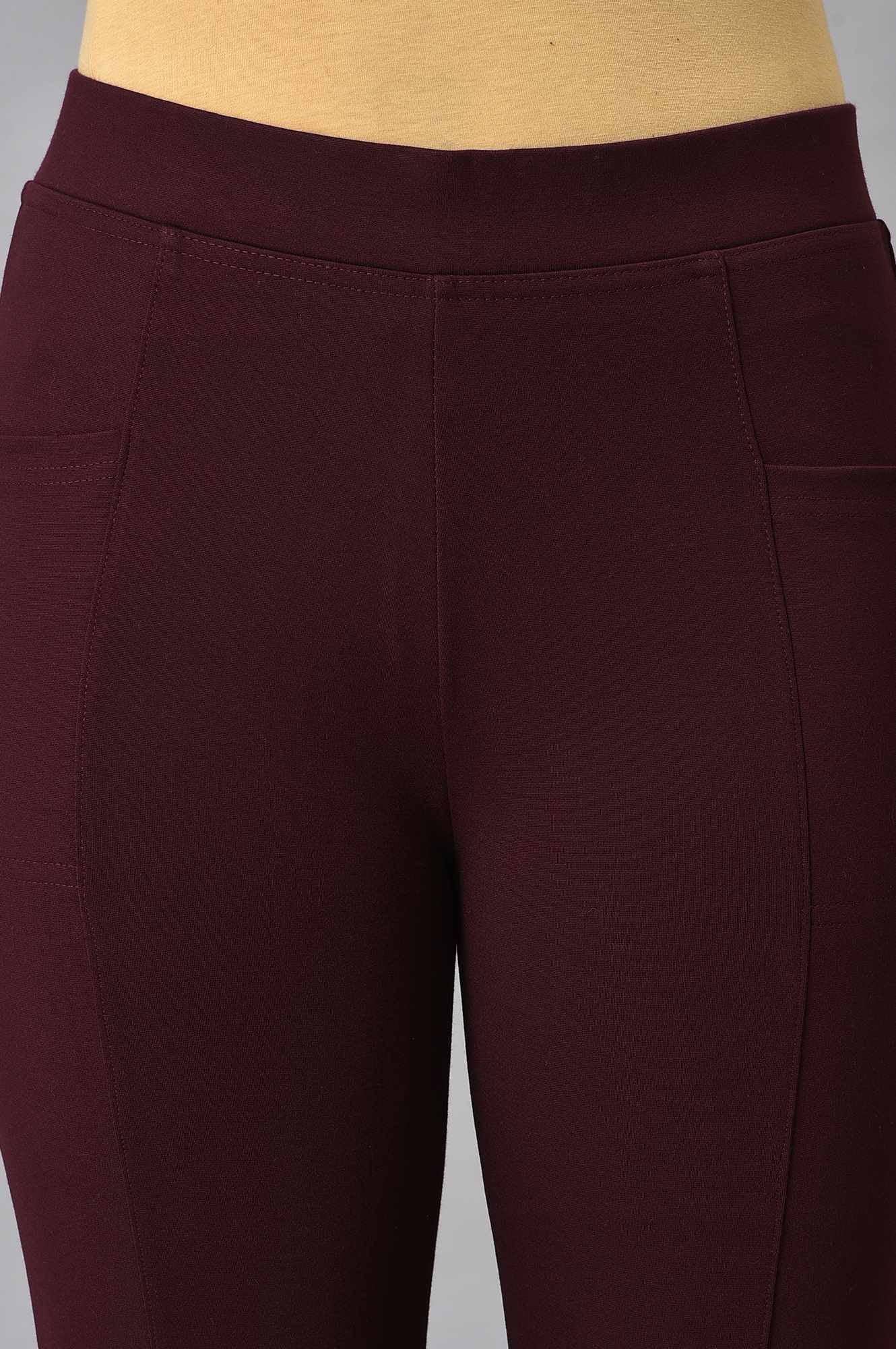 Elleven Women's Maroon Solid Skinny Fit Yoga Tights With Elasticated Waistband - Image 6