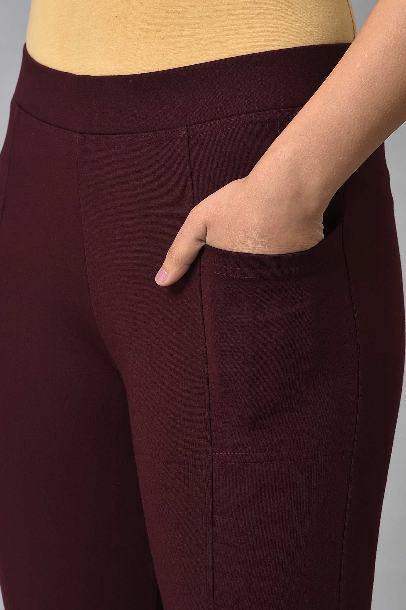 Elleven Women's Maroon Solid Skinny Fit Yoga Tights With Elasticated Waistband - Image 7