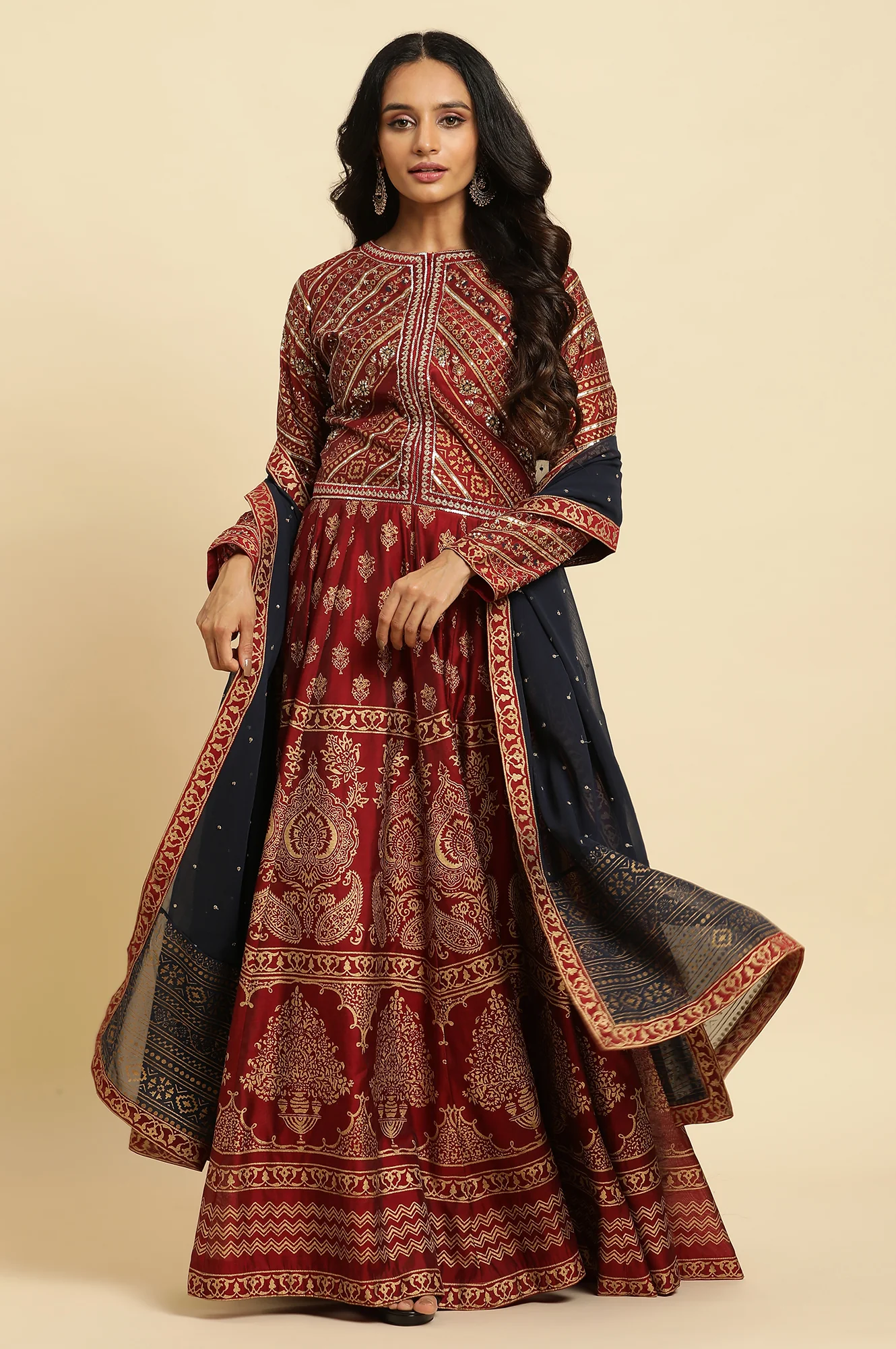 Maroon Printed Chanderi Anarkali Dress and Dupatta Set - Image 2