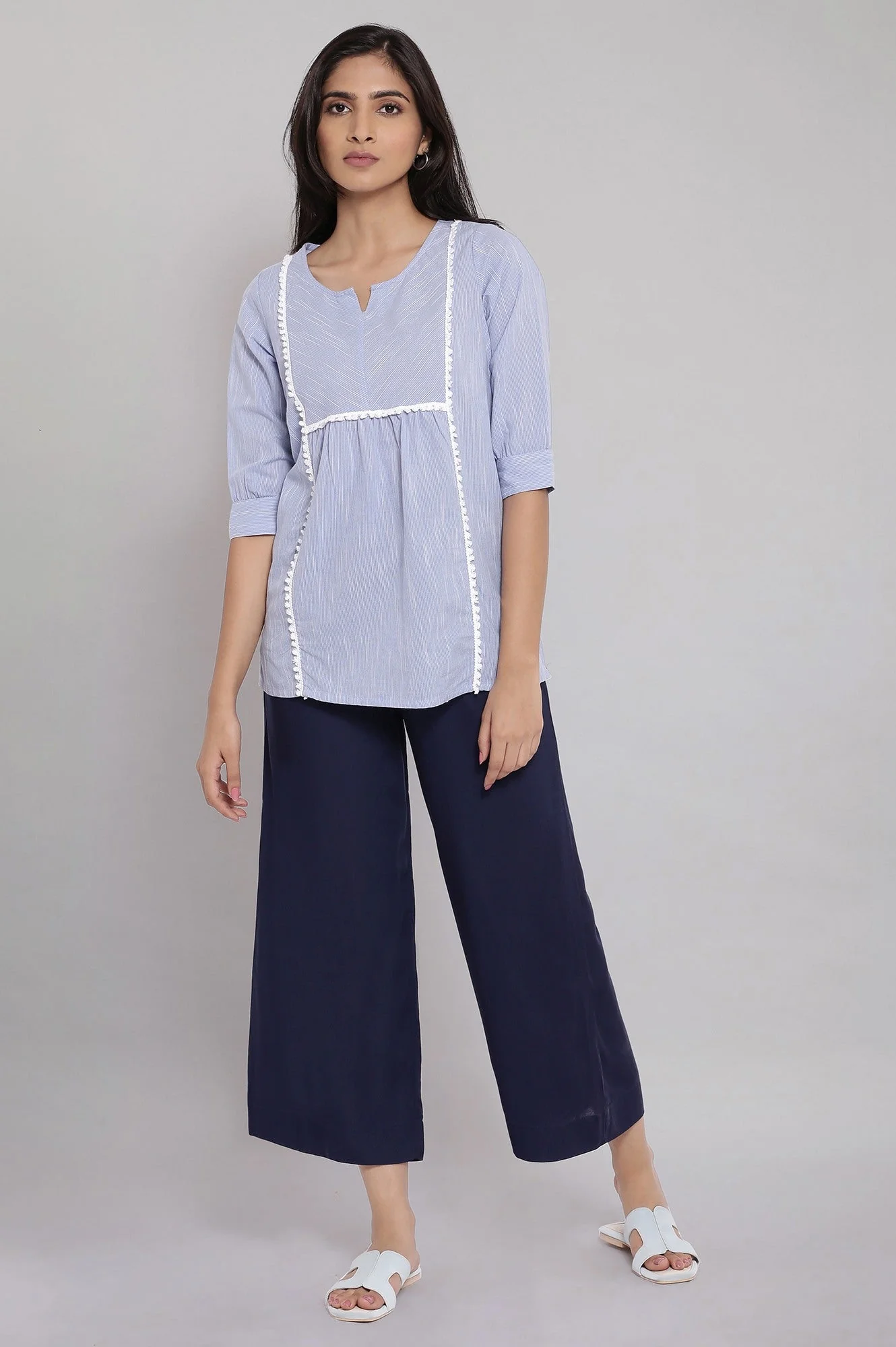 Elleven Women's Navy Blue Solid Straight Fit Tencel Palazzo With Elasticated Waist - Image 5