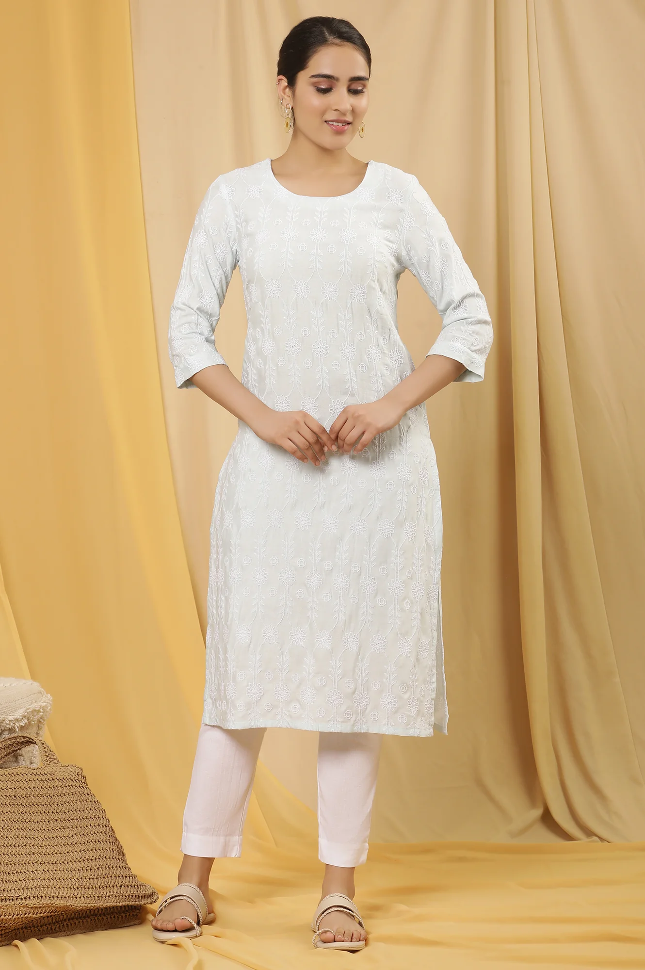 Mint Blue Kurta In Schiffli Embroidery - Image 2
