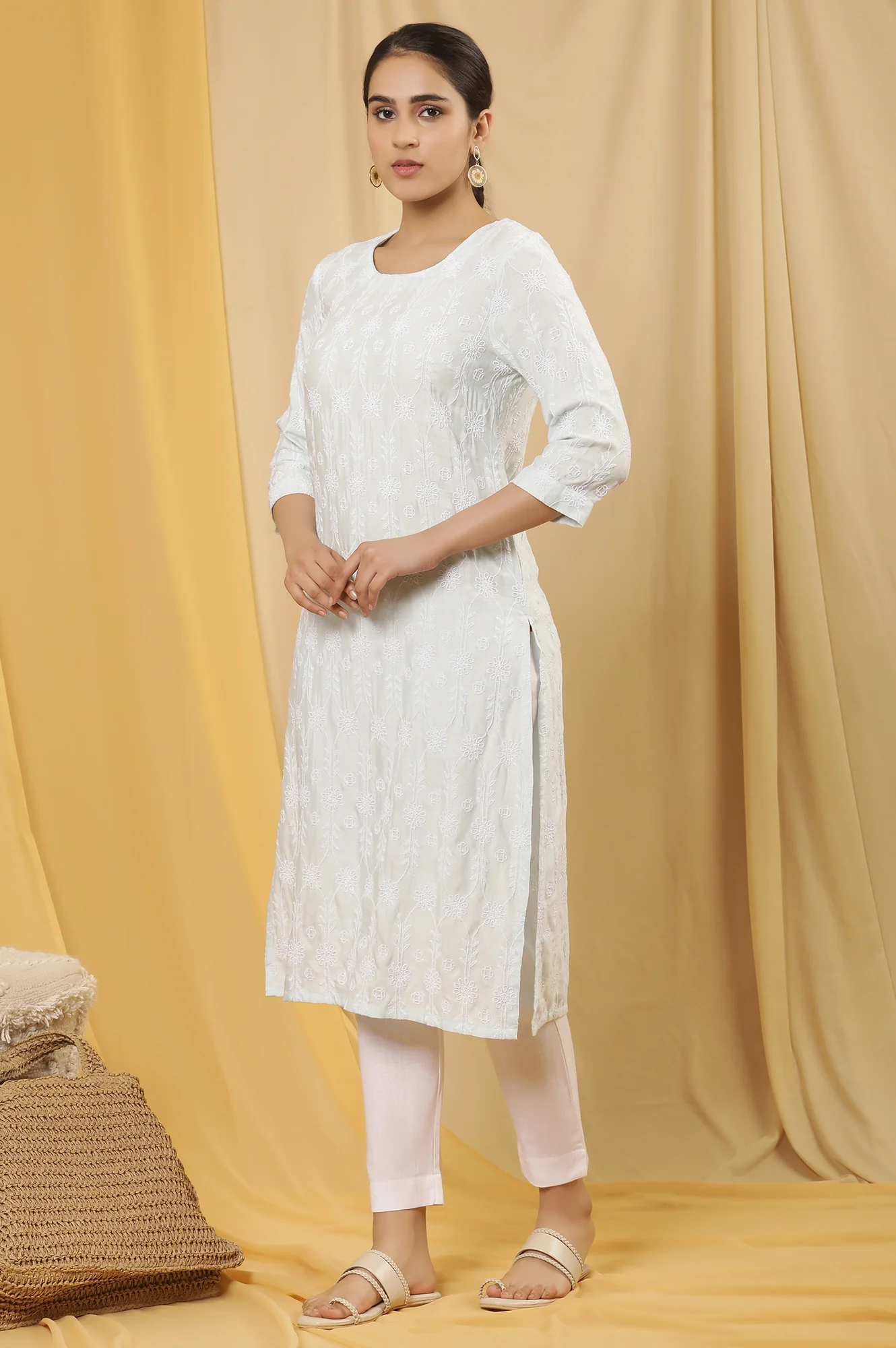 Mint Blue Kurta In Schiffli Embroidery - Image 3