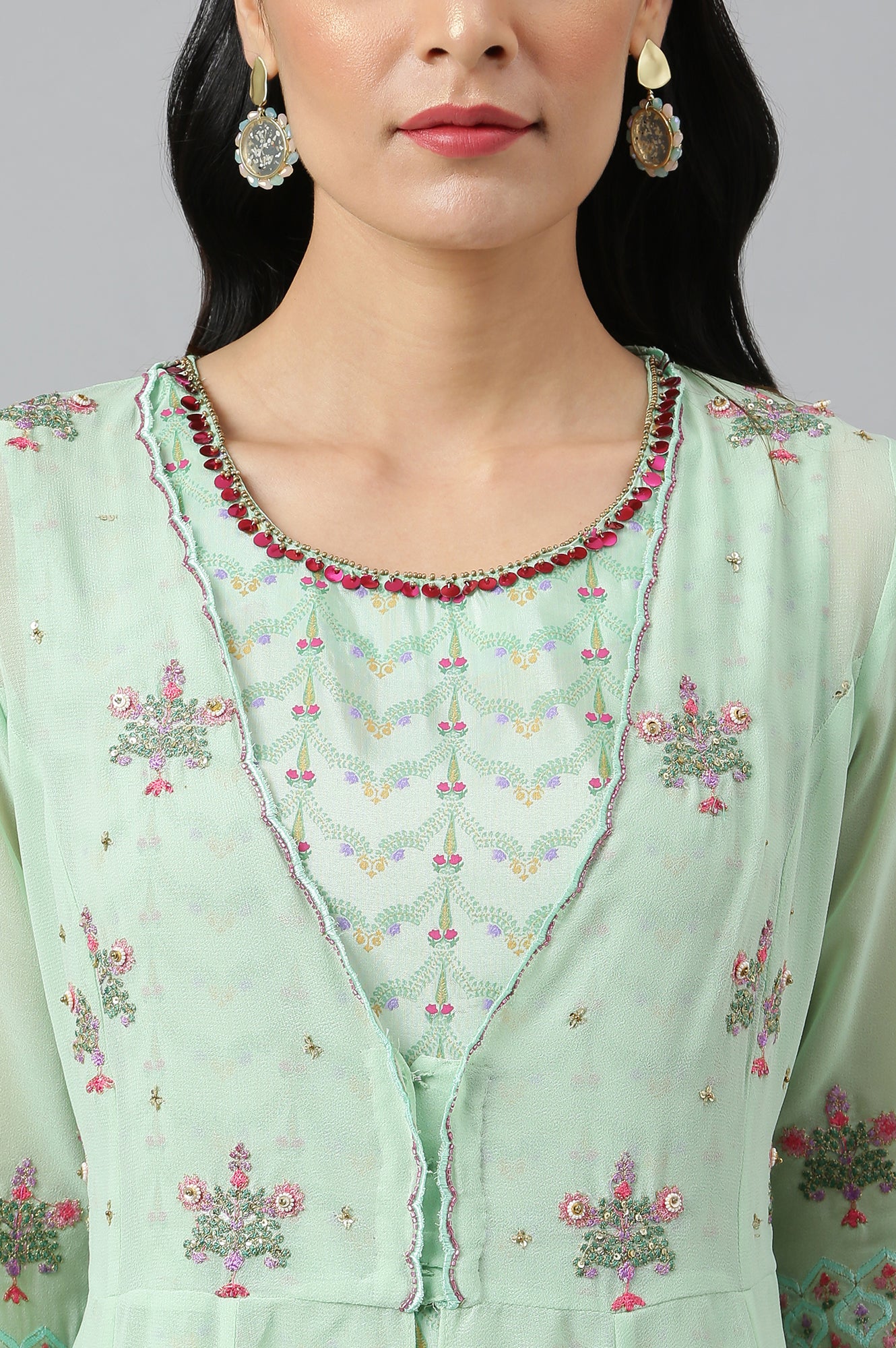 Mint Green Jacket With Kurta And Tights - Image 10