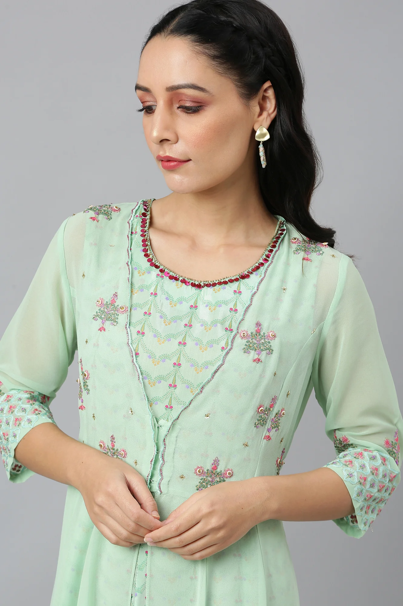 Mint Green Jacket With Kurta And Tights - Image 11