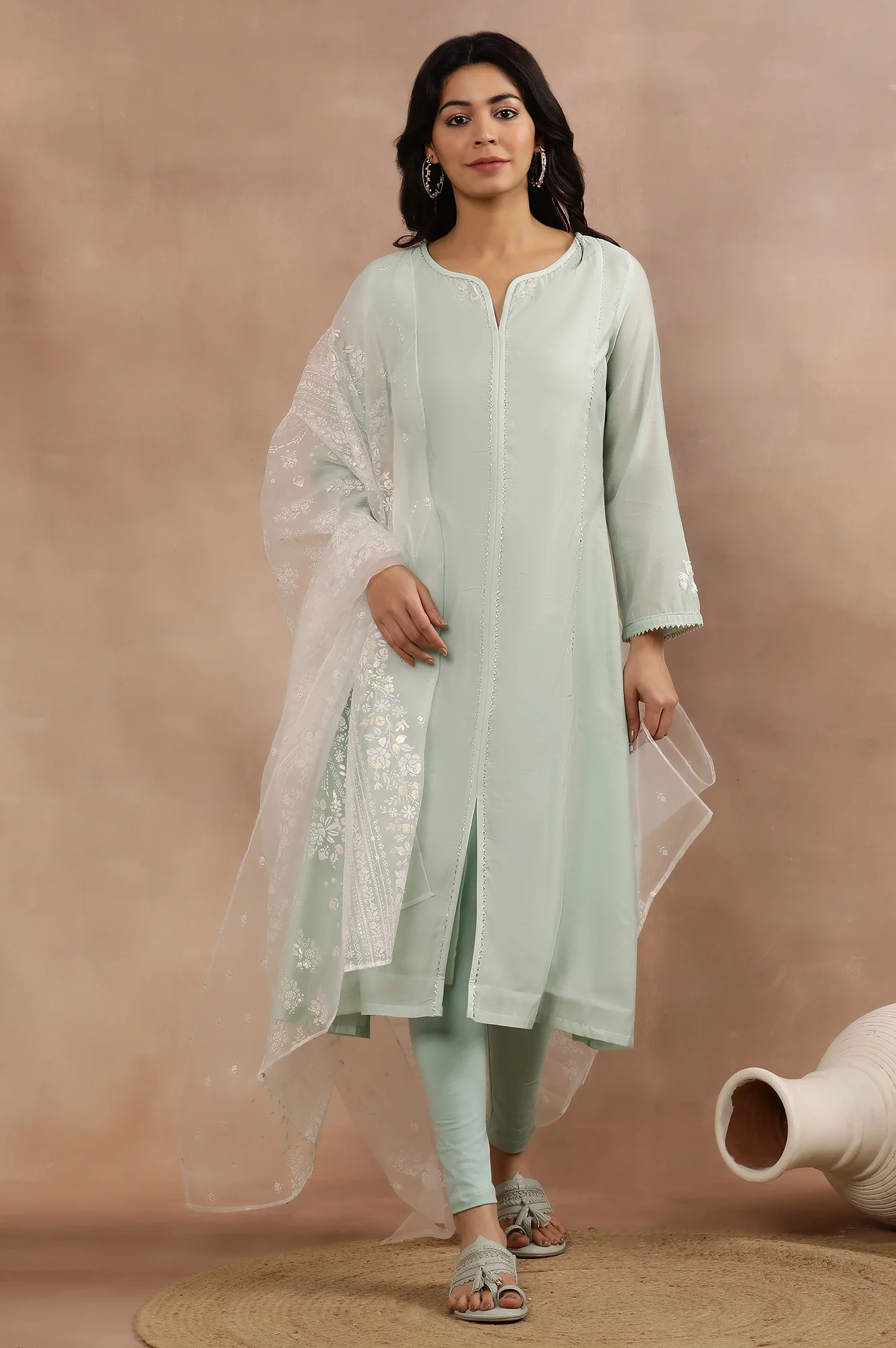 Mint Green Panelled Chanderi Kurta, Tights And Dupatta Set - Image 2