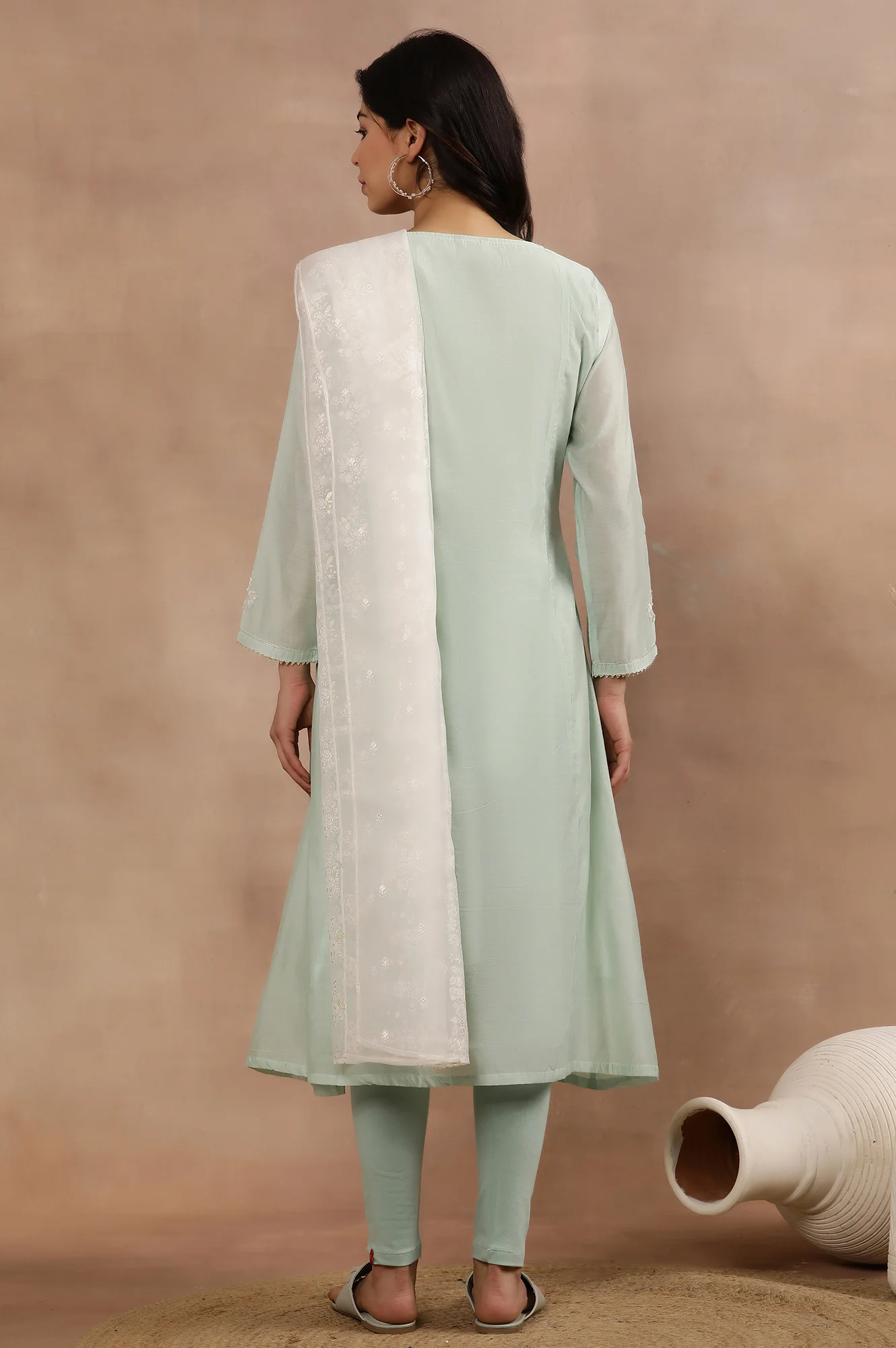 Mint Green Panelled Chanderi Kurta, Tights And Dupatta Set - Image 4