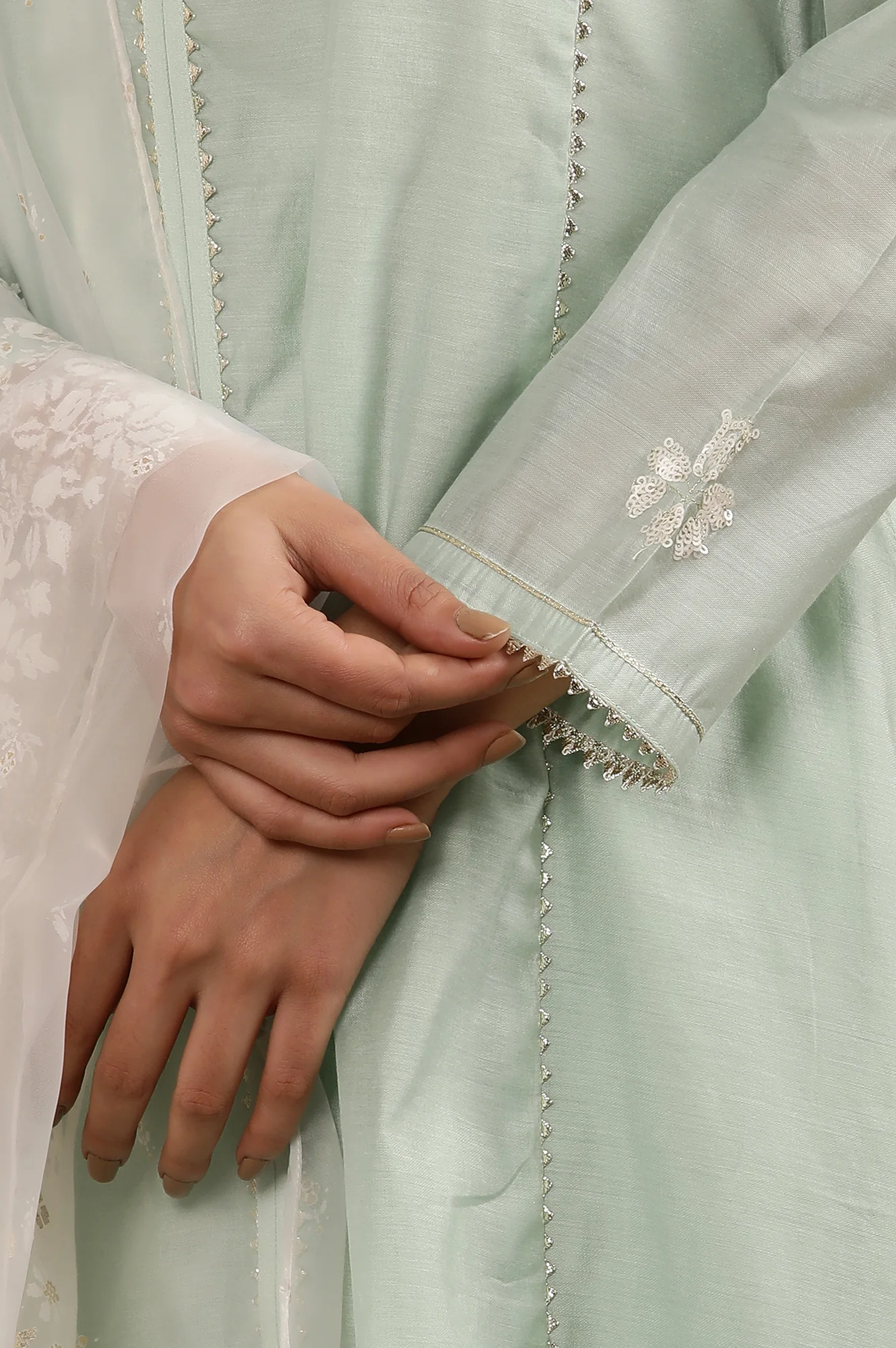 Mint Green Panelled Chanderi Kurta, Tights And Dupatta Set - Image 7