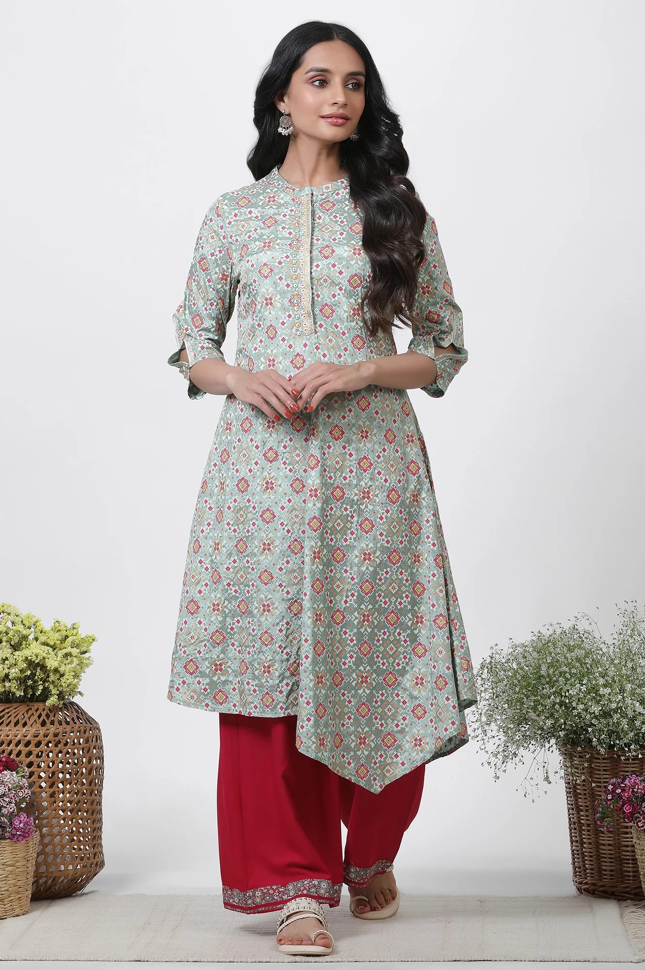 Mint Green Printed Asymmetrical Kurta And Pants Set - Image 2