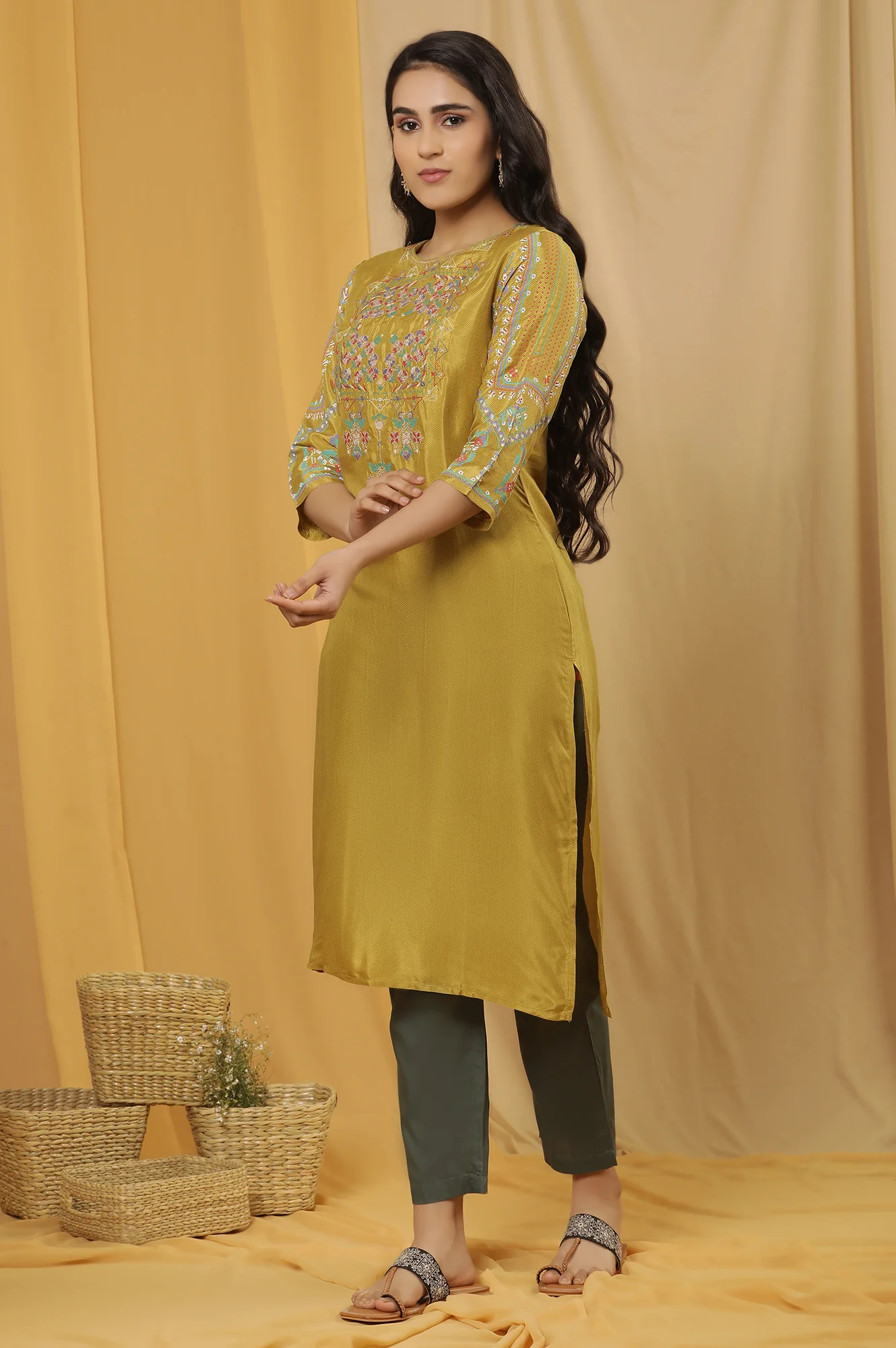 Mustard Embroidered Kurta And Pants Set - Image 3