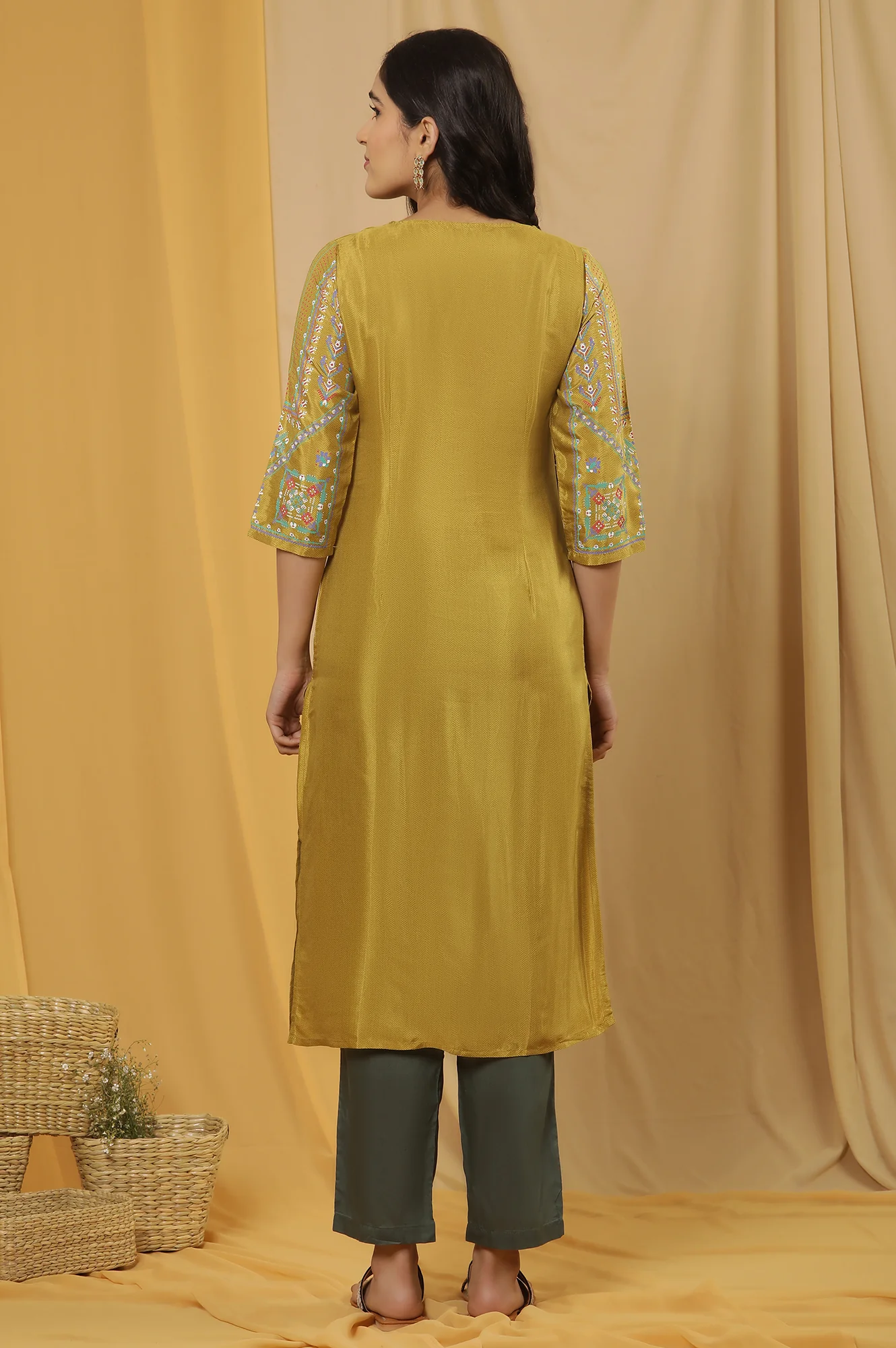 Mustard Embroidered Kurta And Pants Set - Image 4