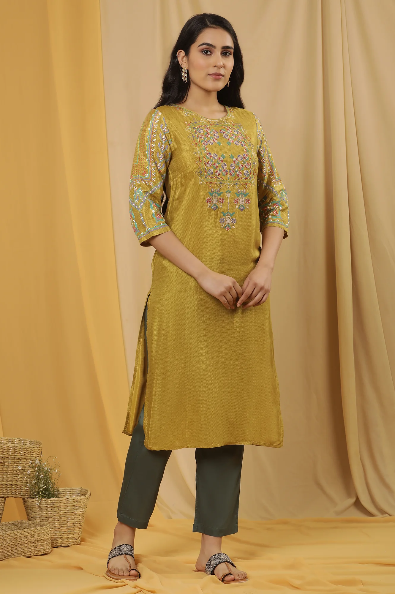 Mustard Embroidered Kurta And Pants Set - Image 5