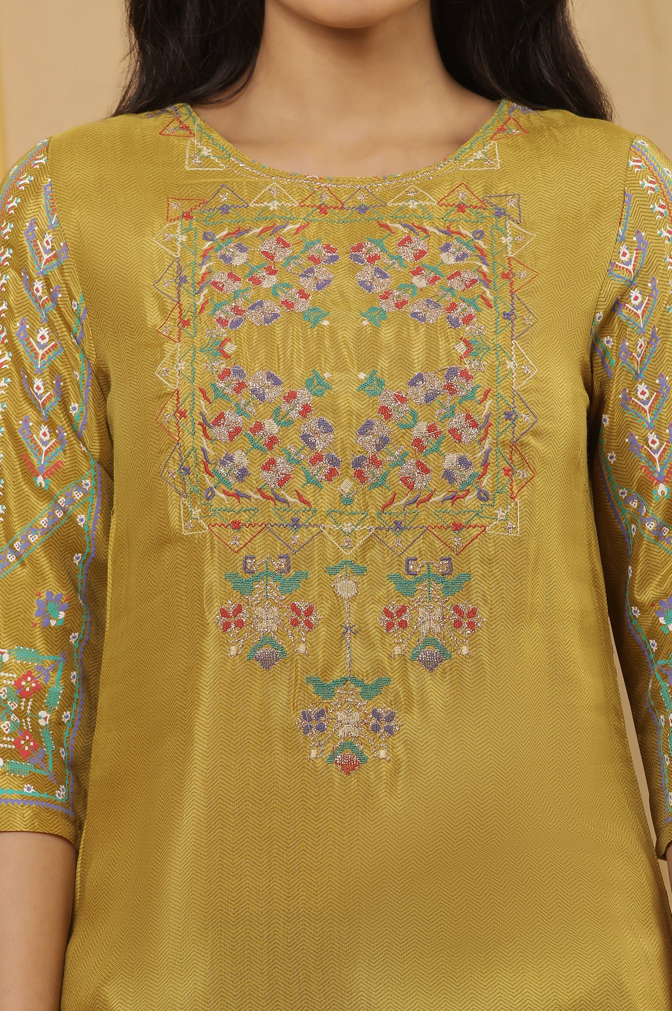 Mustard Embroidered Kurta And Pants Set - Image 6
