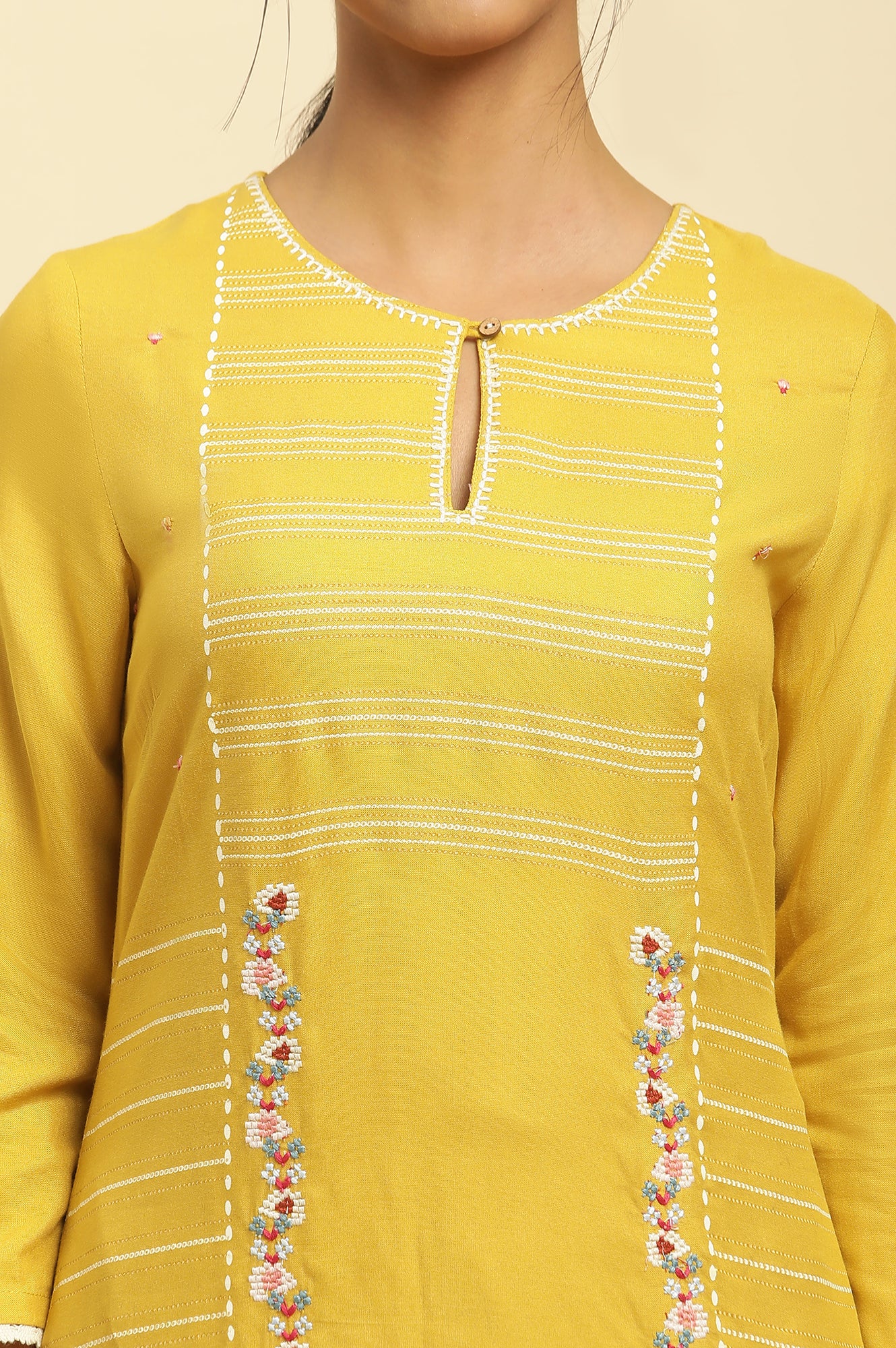 Mustard Embroidered Liva Eco Kurta And Drapped Parallel Pants - Image 6