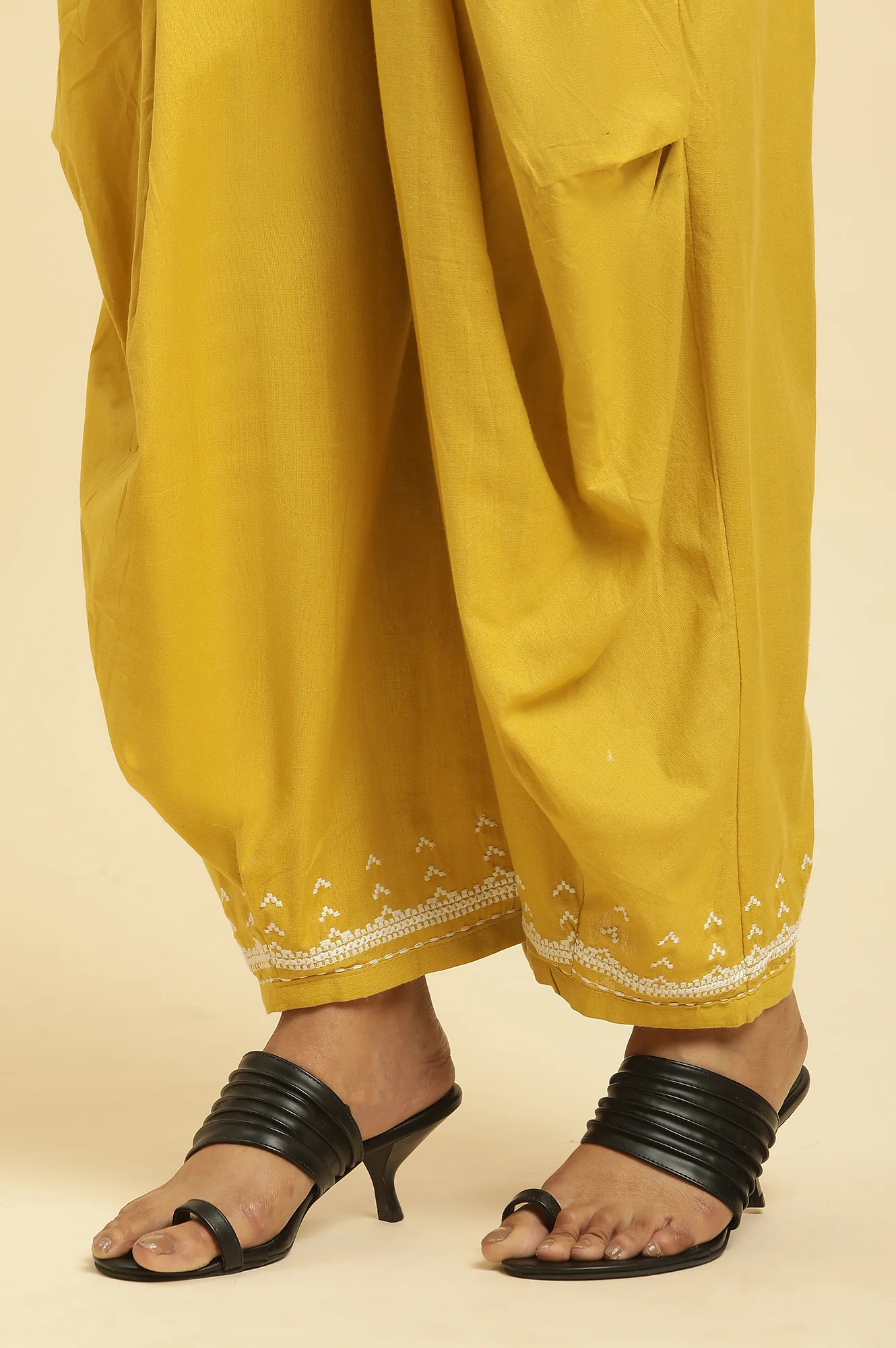 Mustard Embroidered Liva Eco Kurta And Drapped Parallel Pants - Image 9