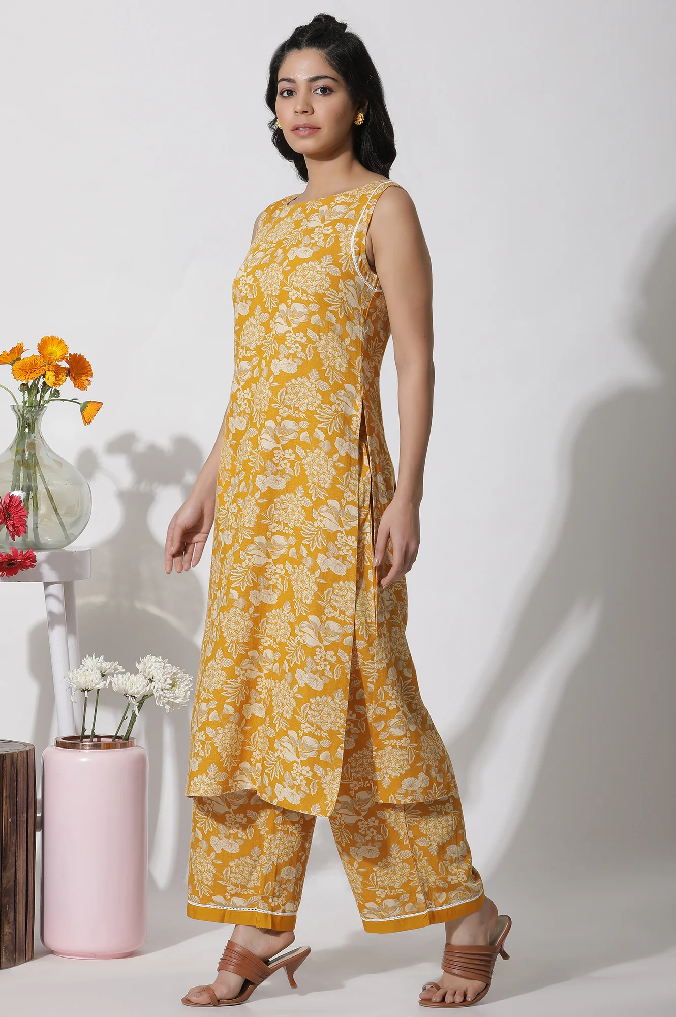 Mustard Floral Printed A-Line Kurta And Flared Pants Set - Image 3