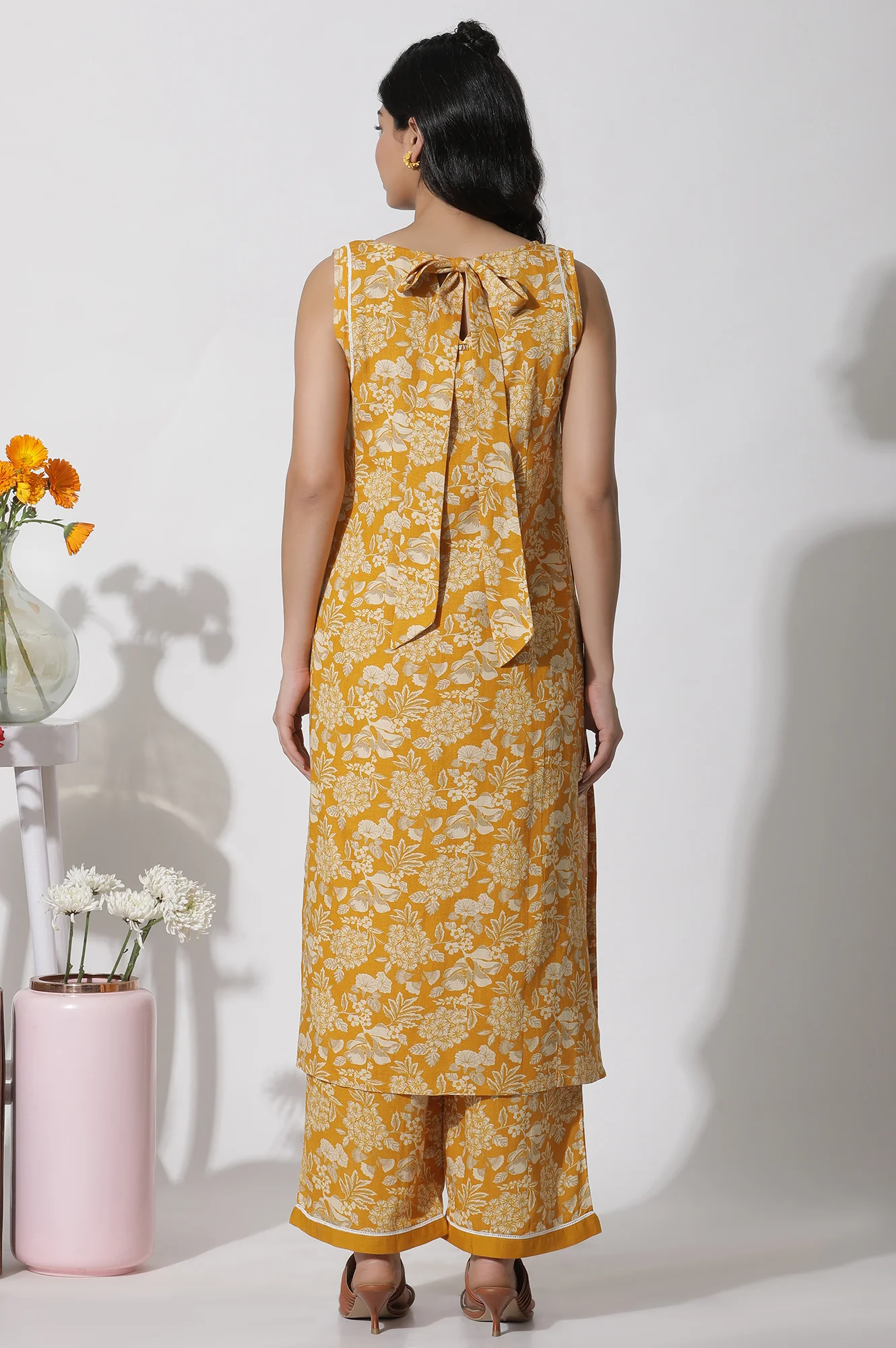 Mustard Floral Printed A-Line Kurta And Flared Pants Set - Image 4