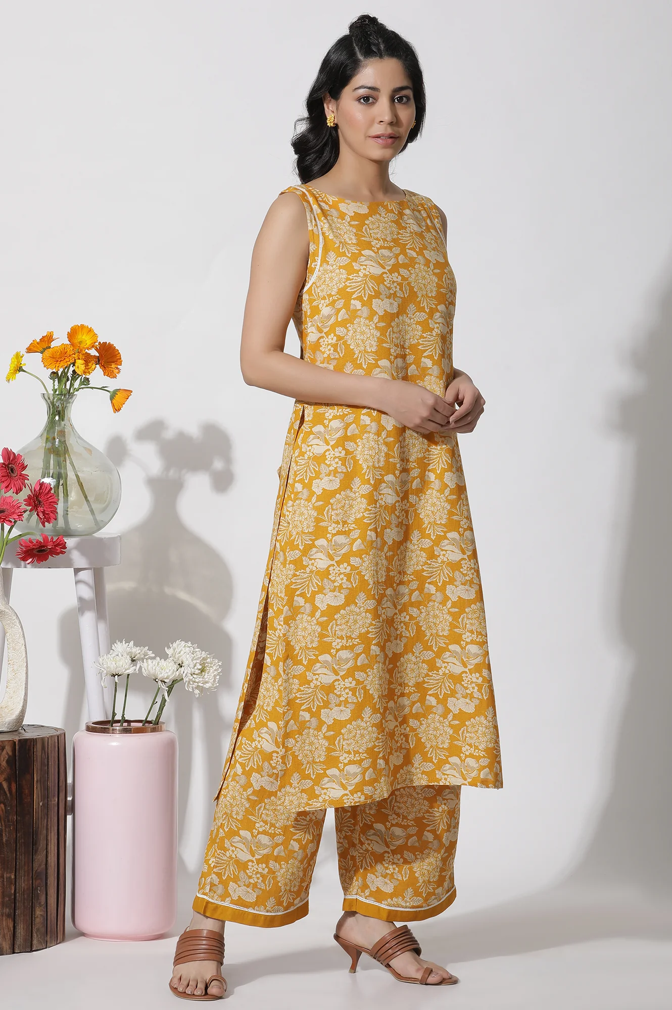 Mustard Floral Printed A-Line Kurta And Flared Pants Set - Image 5