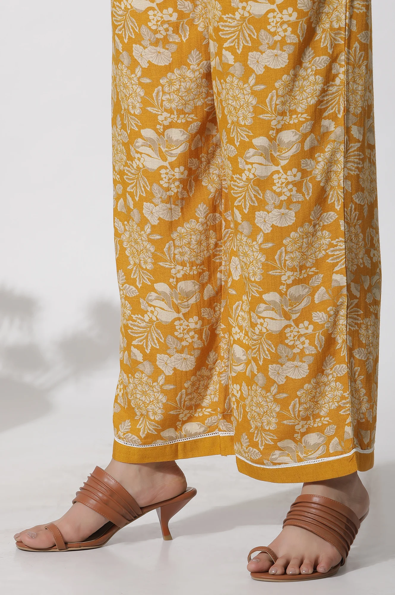 Mustard Floral Printed A-Line Kurta And Flared Pants Set - Image 9