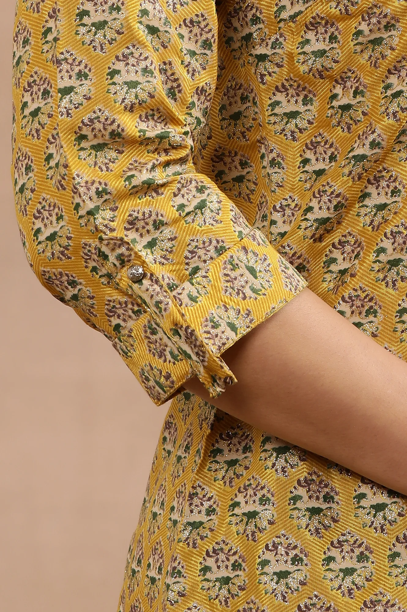 Mustard Glitter Printed Kurta And Slim Pants Set - Image 7