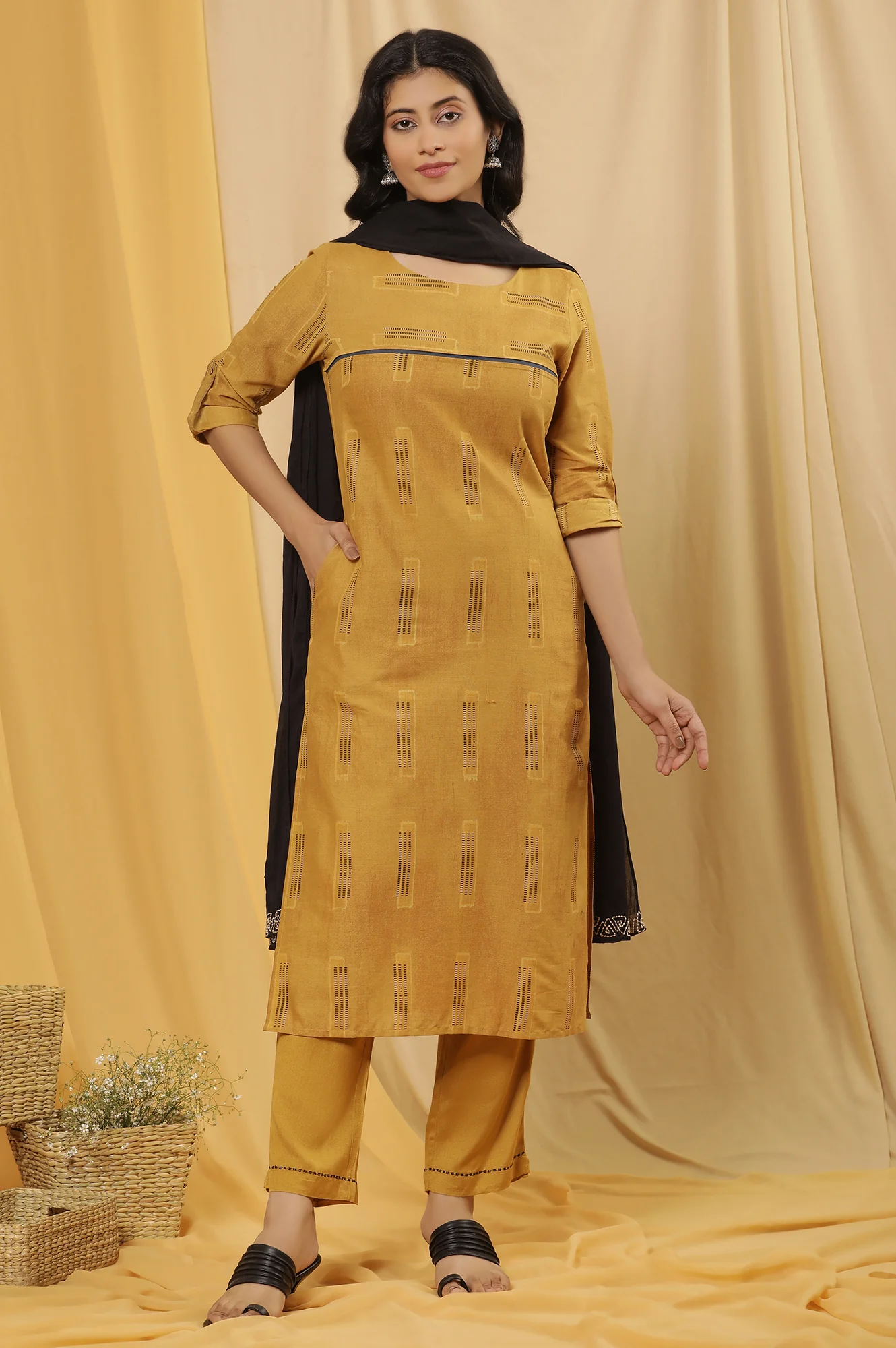Mustard Kantha Printed Kurta, Pants And Dupatta Set - Image 2