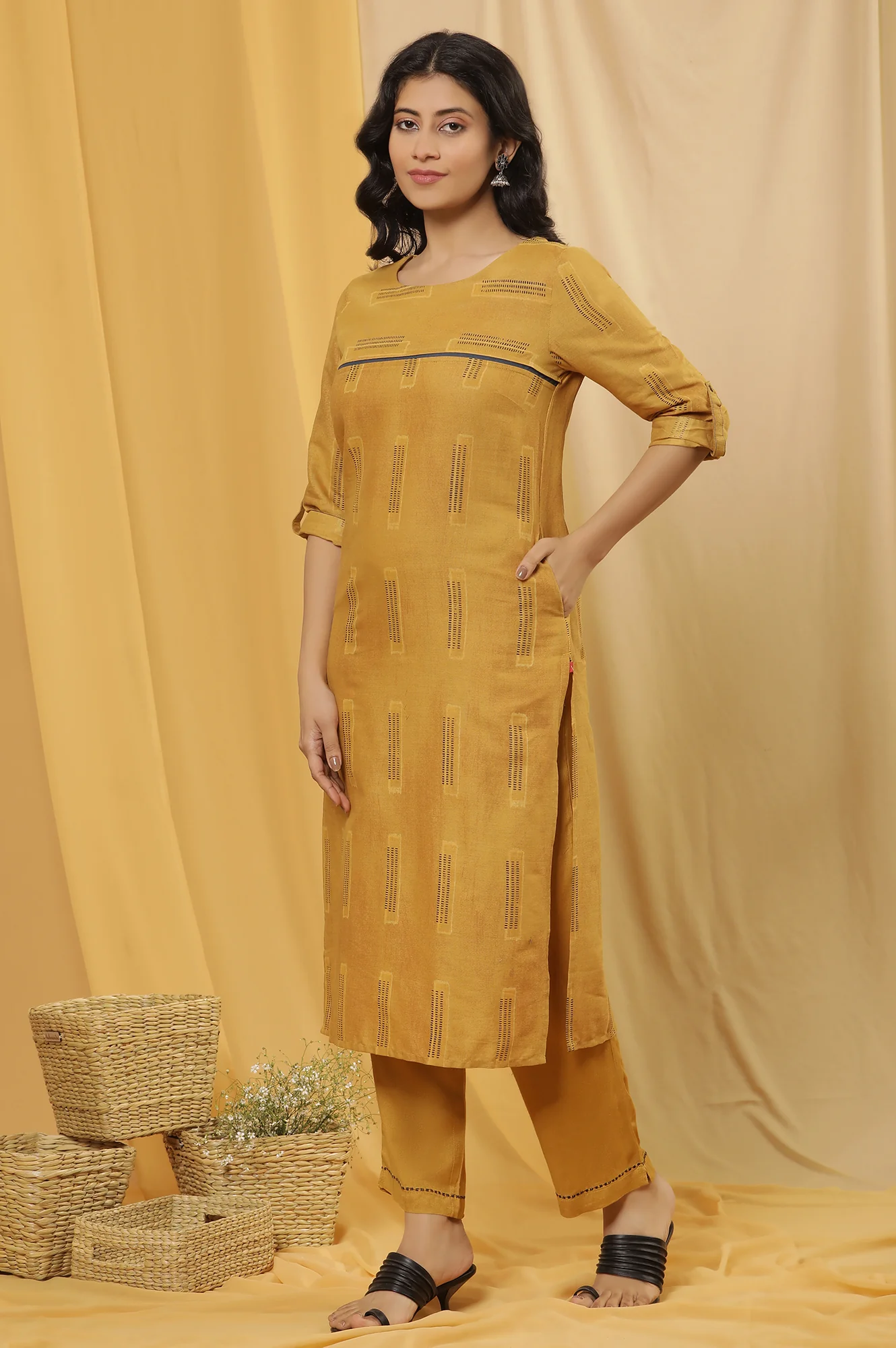 Mustard Kantha Printed Kurta, Pants And Dupatta Set - Image 3
