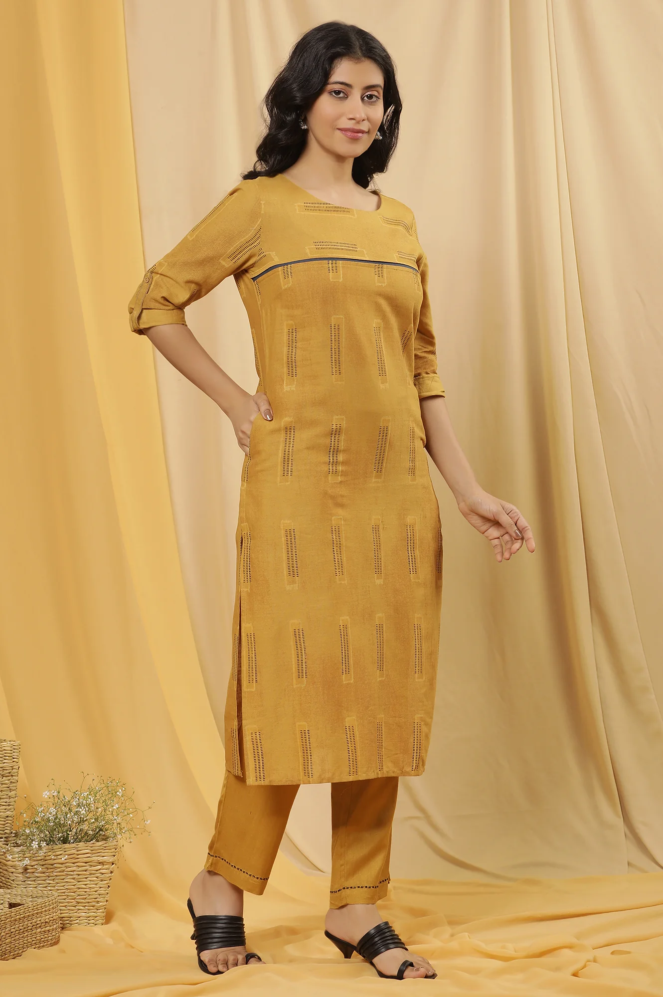 Mustard Kantha Printed Kurta, Pants And Dupatta Set - Image 5
