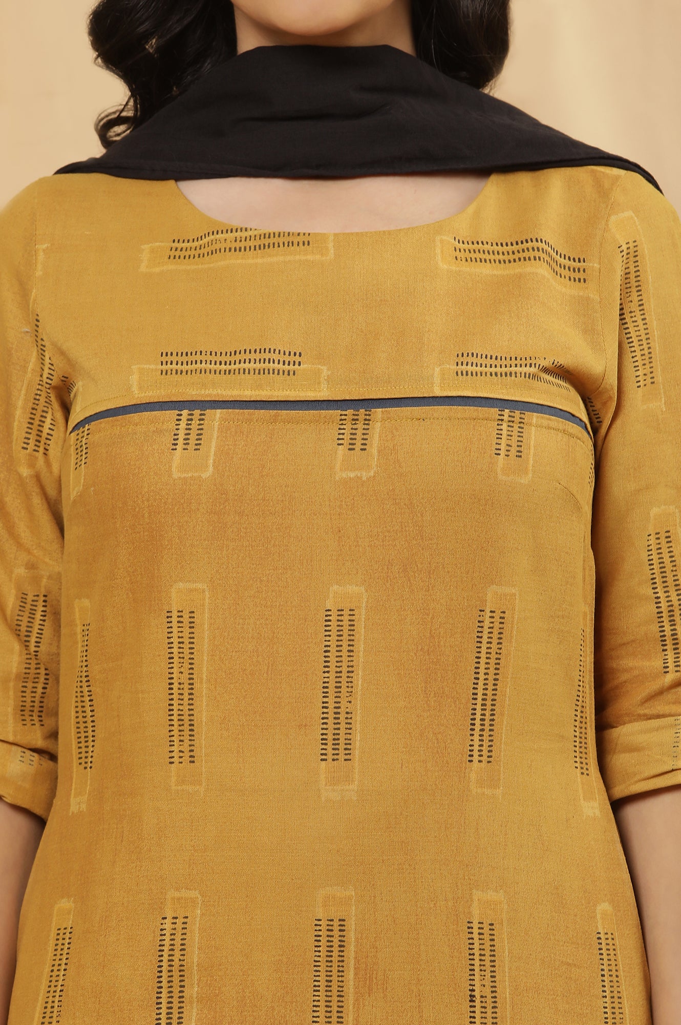 Mustard Kantha Printed Kurta, Pants And Dupatta Set - Image 6