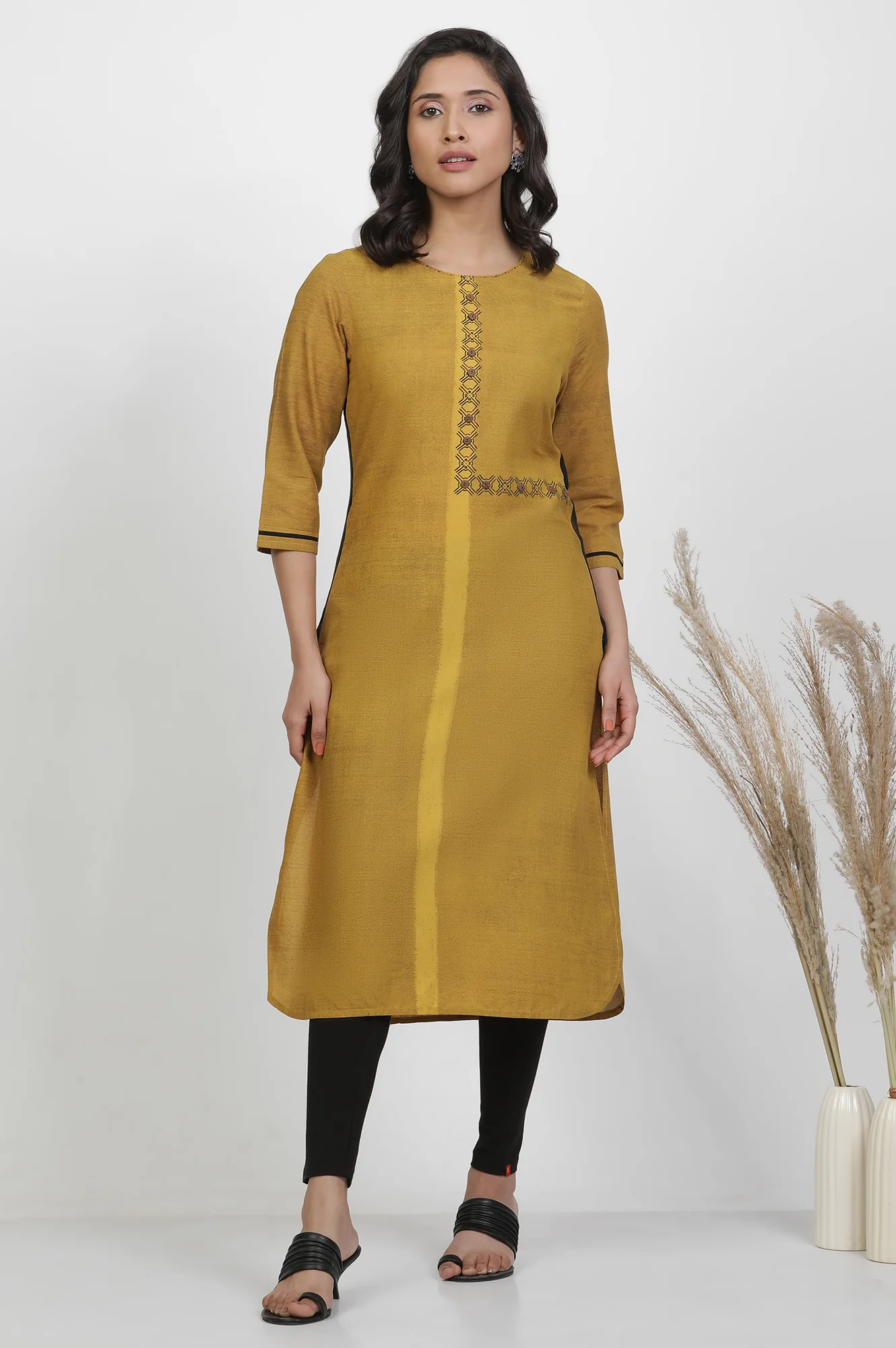 Mustard Yellow Printed Kurta, Tights And Dupatta Set - Image 2