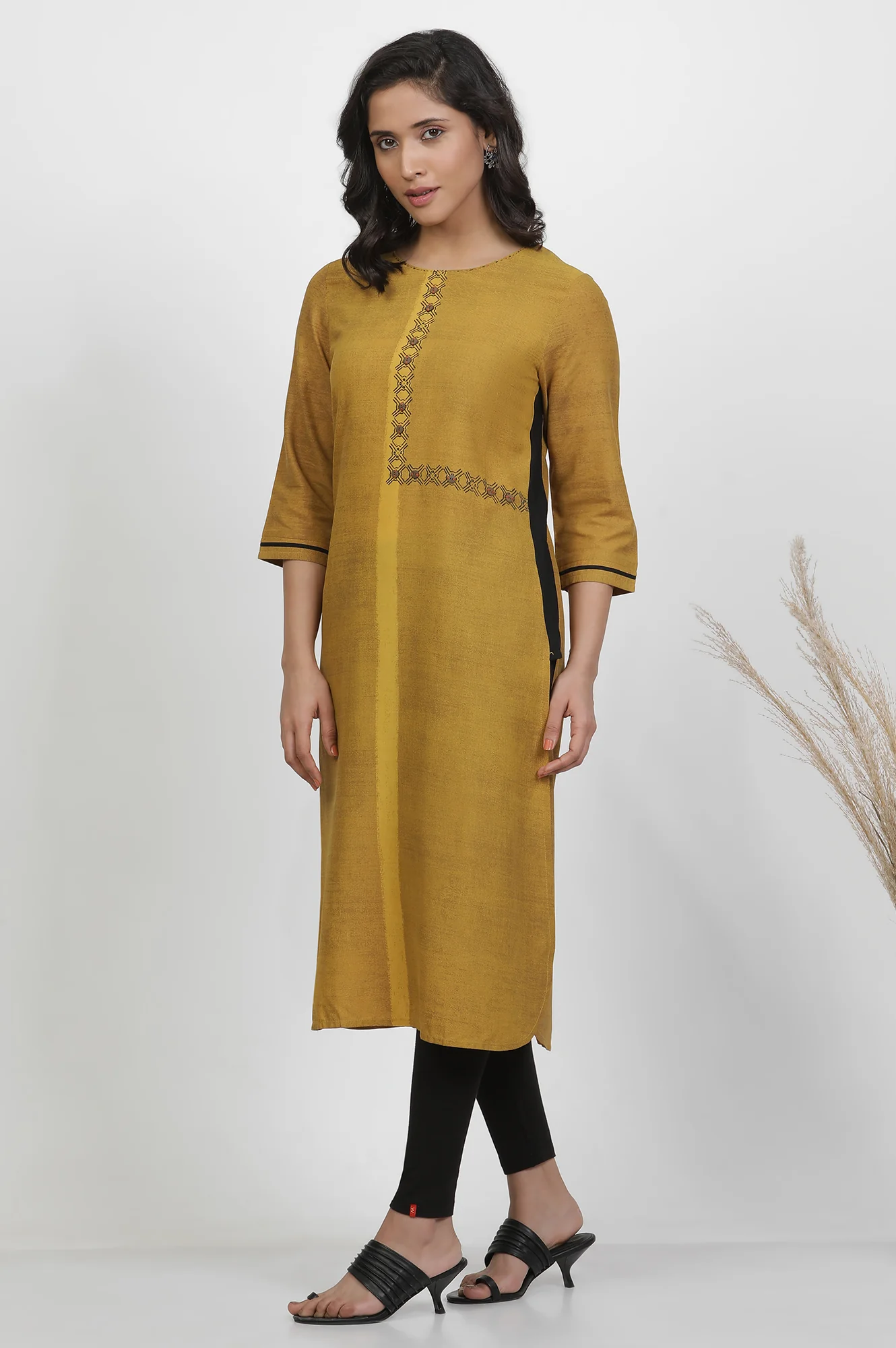 Mustard Yellow Printed Kurta, Tights And Dupatta Set - Image 3