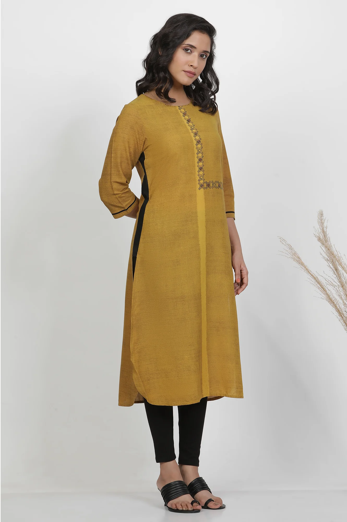 Mustard Yellow Printed Kurta, Tights And Dupatta Set - Image 5