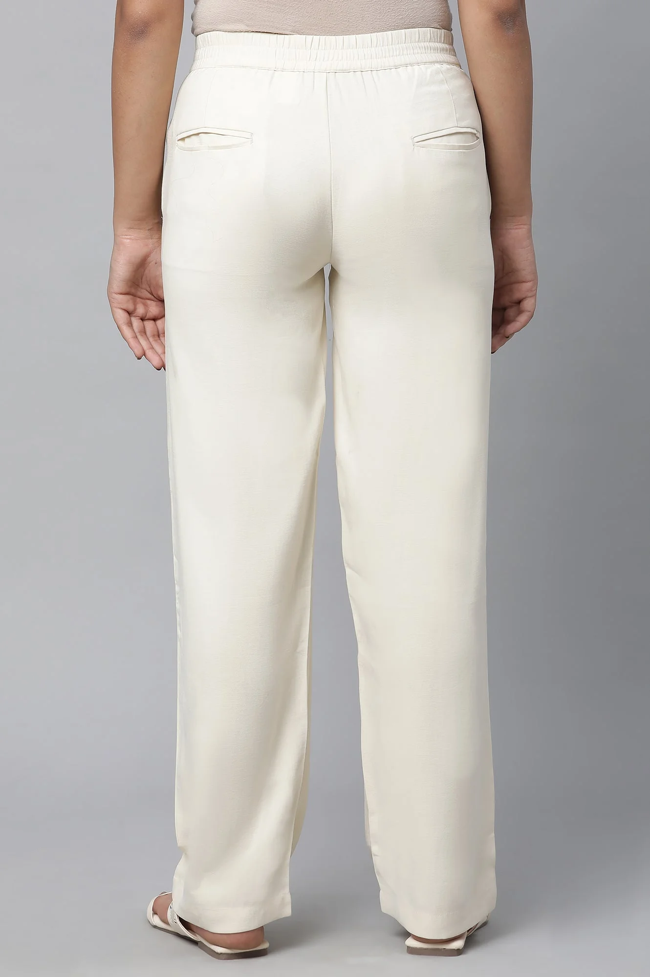 Elleven Women's Off White Solid Straight-fit Rayon Pants with Pintuck Detail - Image 2
