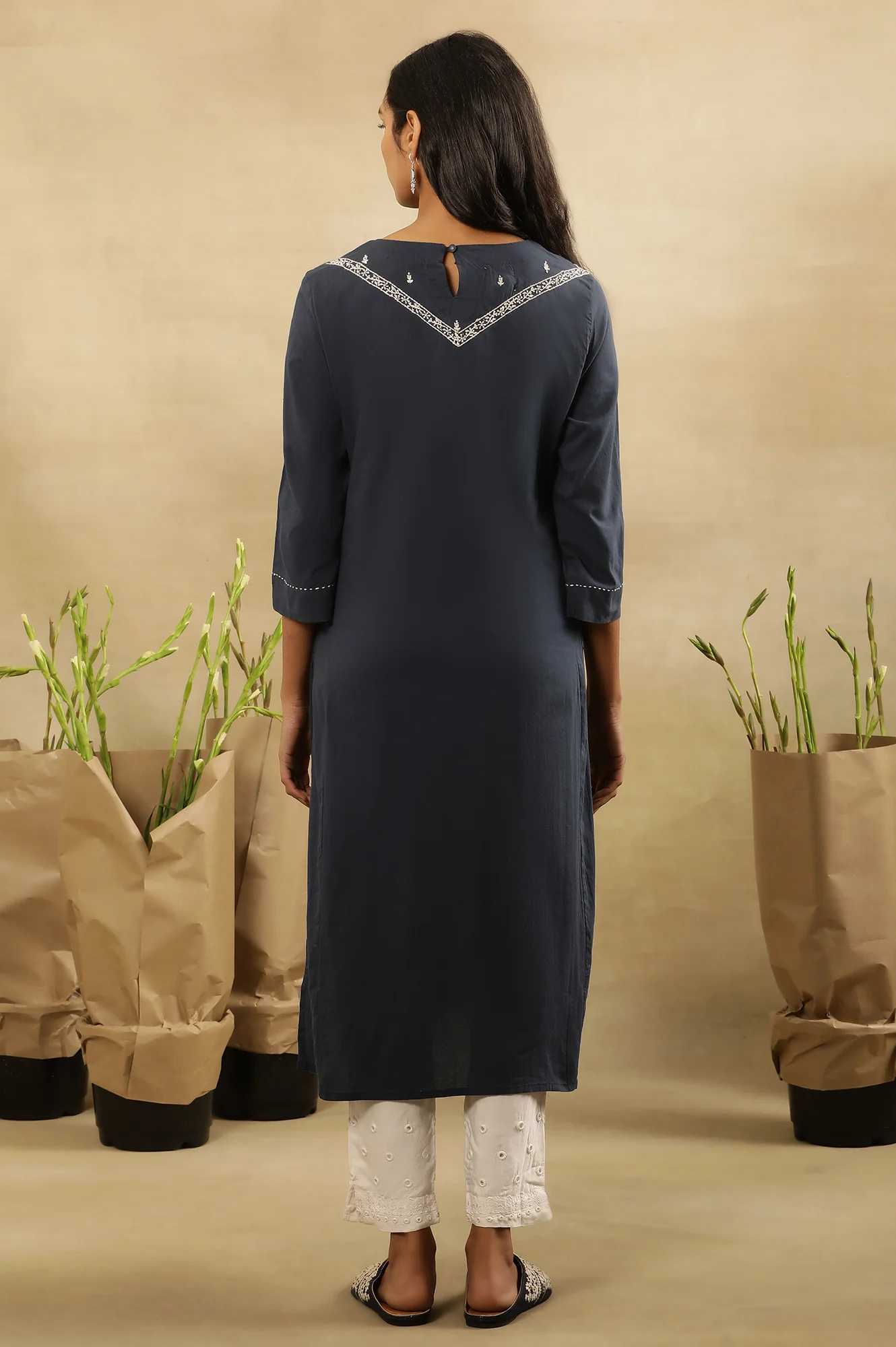 Navy Blue Chikankari Kurta In Cotton Voile - Image 4
