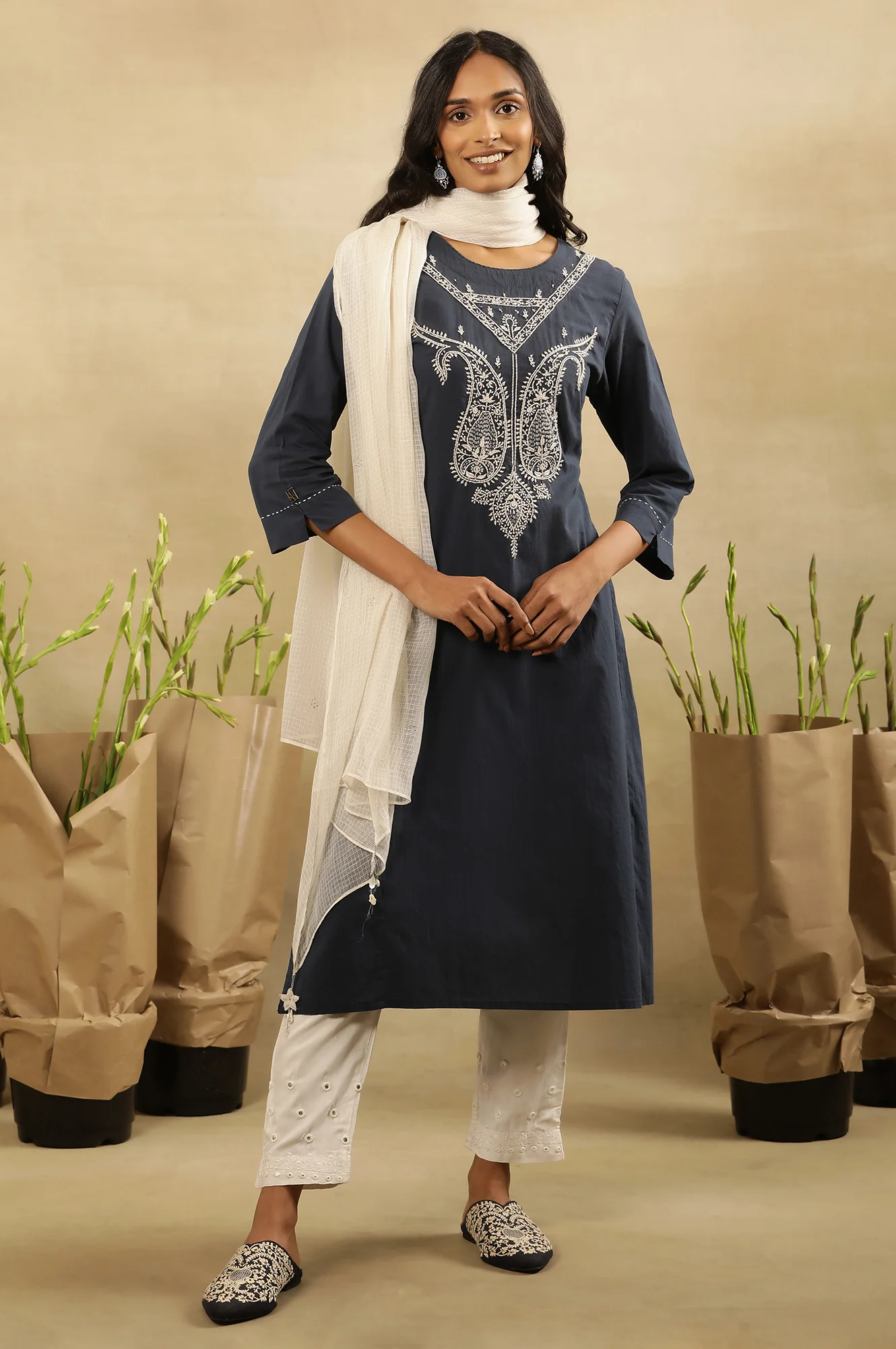 Navy Blue Chikankari Kurta In Cotton Voile - Image 6