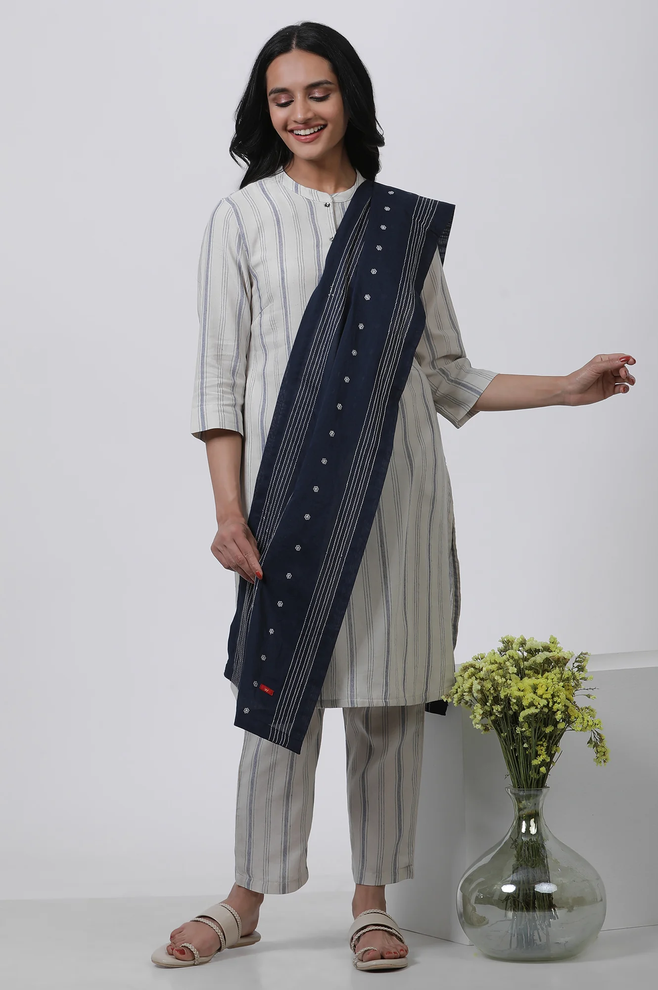 Navy Blue Embroidered Cotton Dupatta - Image 2