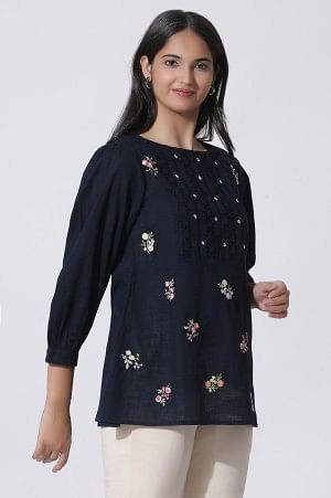 Navy Blue Embroidered Cotton Top With Schiffli Yoke - Image 4