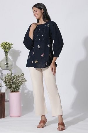 Navy Blue Embroidered Cotton Top With Schiffli Yoke - Image 5