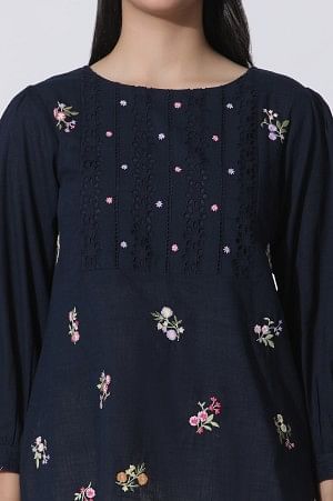 Navy Blue Embroidered Cotton Top With Schiffli Yoke - Image 6