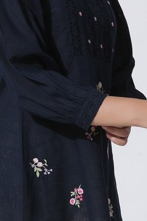 Navy Blue Embroidered Cotton Top With Schiffli Yoke - Image 7