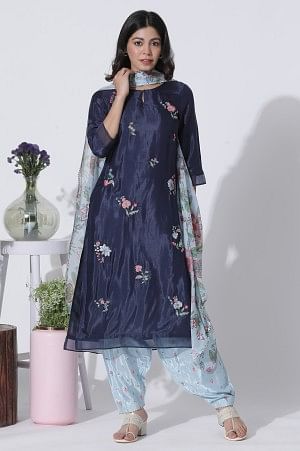Navy Blue Embroidered Festive Kurta, Printed Salwar With Dupatta Set - Image 2
