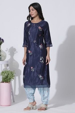 Navy Blue Embroidered Festive Kurta, Printed Salwar With Dupatta Set - Image 3